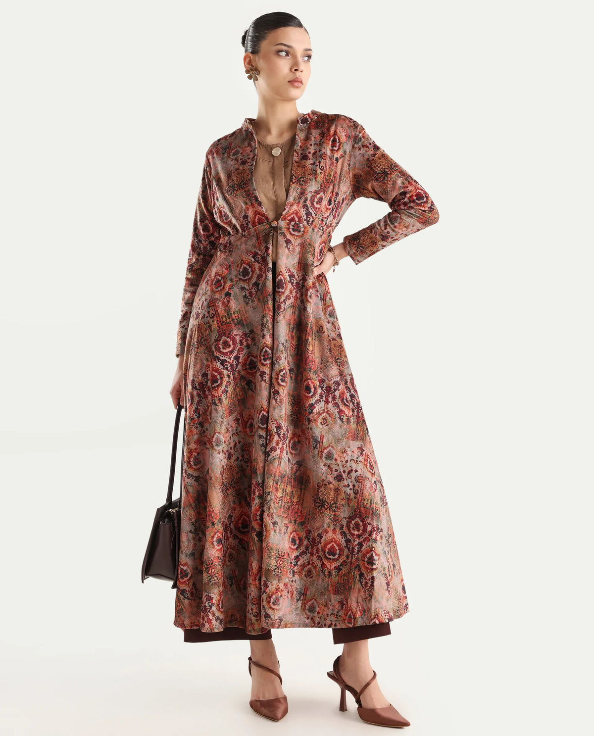 Rareism Women's Xaply Multi Velvet Collarless Abstract Print Maxi Flared Dress