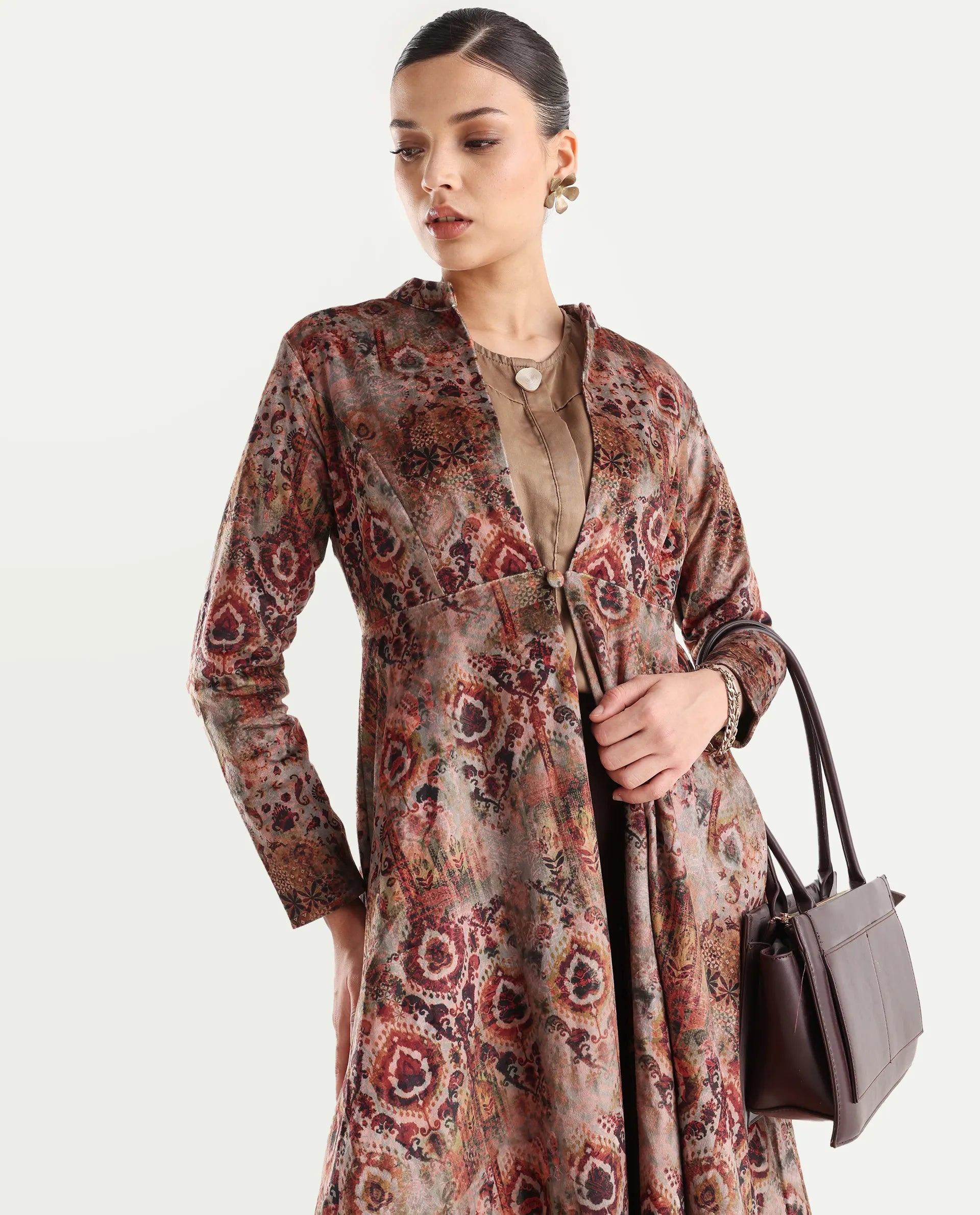 Rareism Women's Xaply Multi Velvet Collarless Abstract Print Maxi Flared Dress