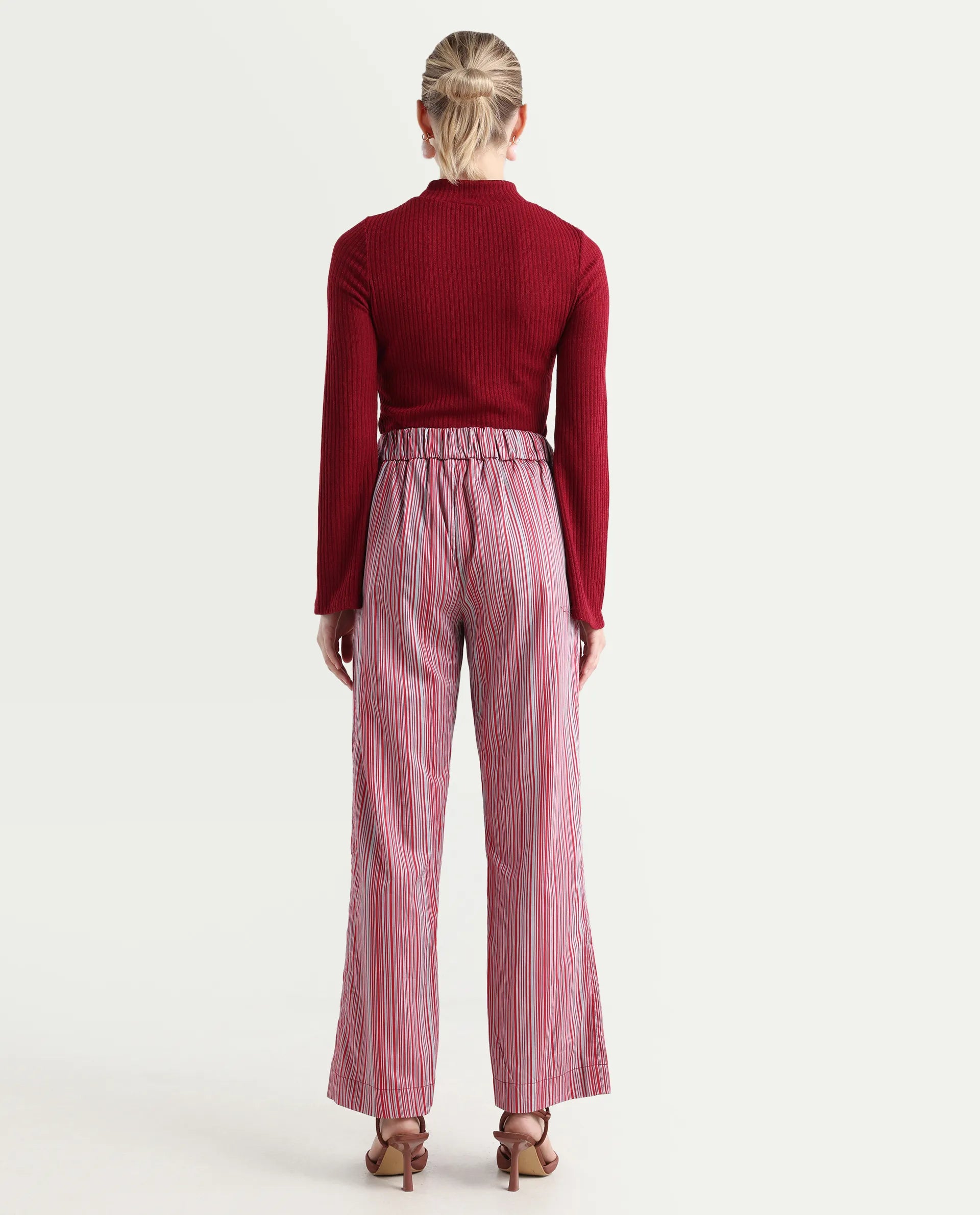 Rareism Women's Xavi Maroon Cotton Striped Ankle Length Tailored Trouser