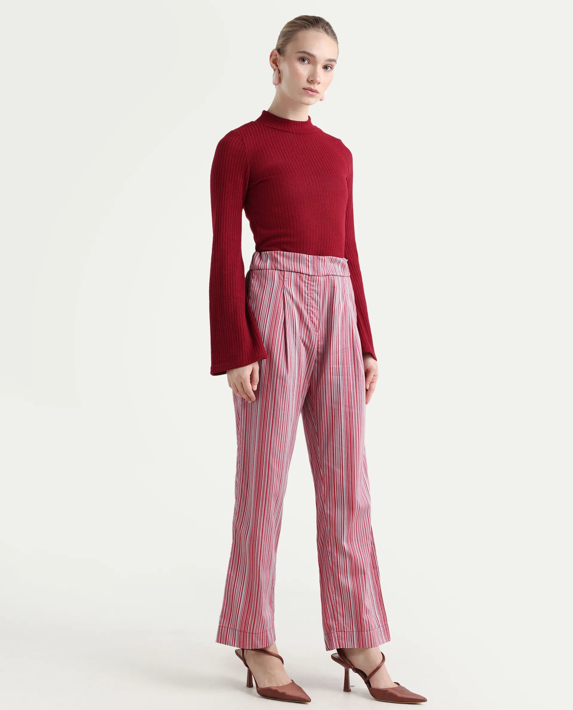 Rareism Women's Xavi Maroon Cotton Striped Ankle Length Tailored Trouser