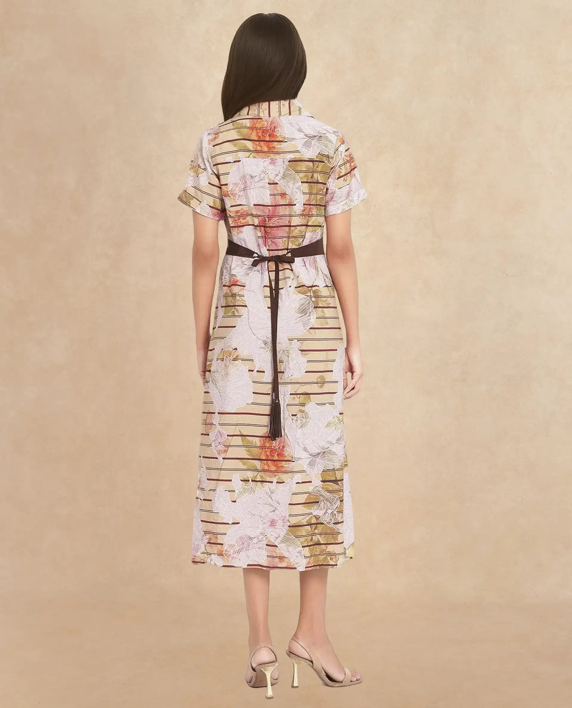 Rareism Women's Xina Brown Cotton Blend Drop Collar Floral Print Maxi Regular Fit Dress