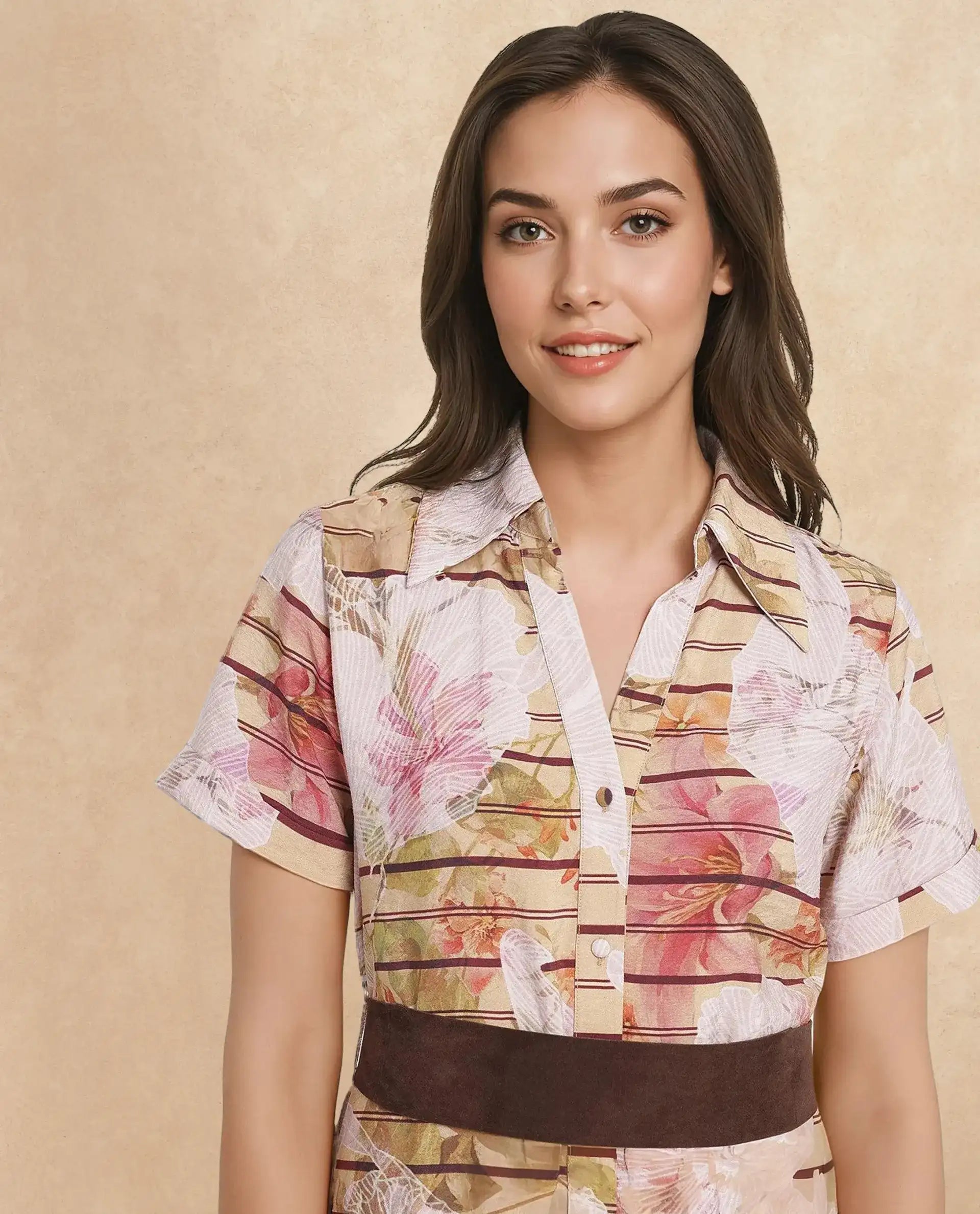 Rareism Women's Xina Brown Cotton Blend Drop Collar Floral Print Maxi Regular Fit Dress