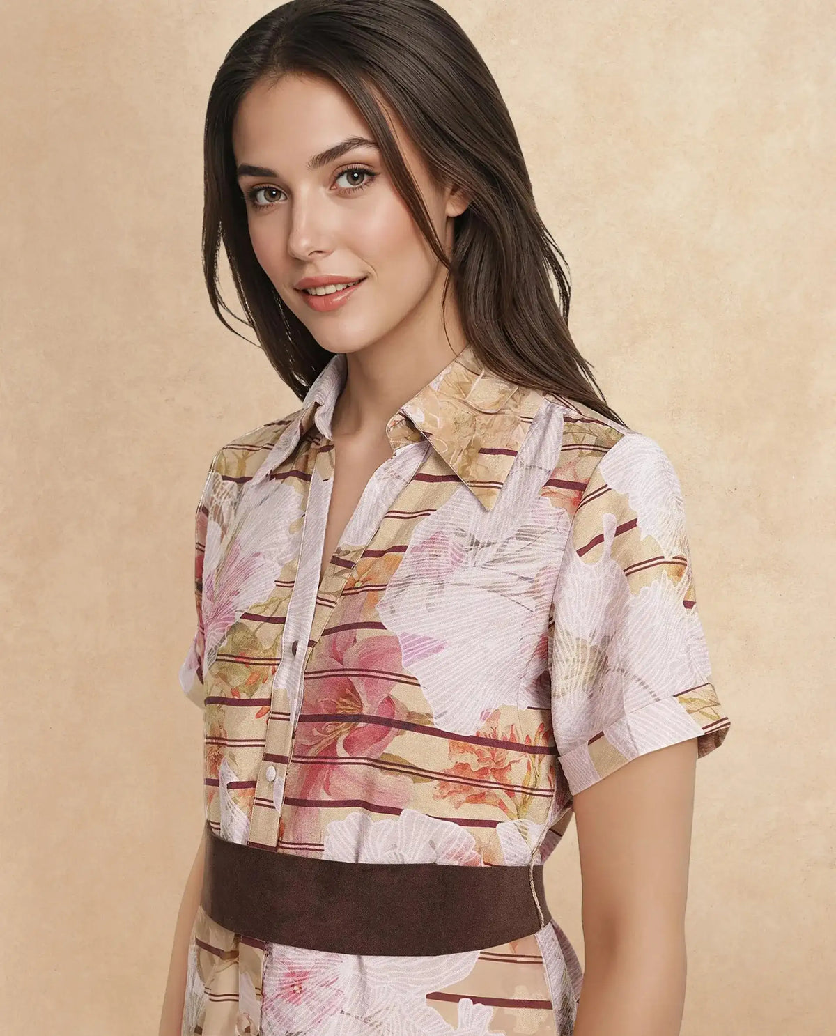 Rareism Women Xina Brown Short Sleeve Collared Neck Button Closure A-Line Maxi Floral Print Dress