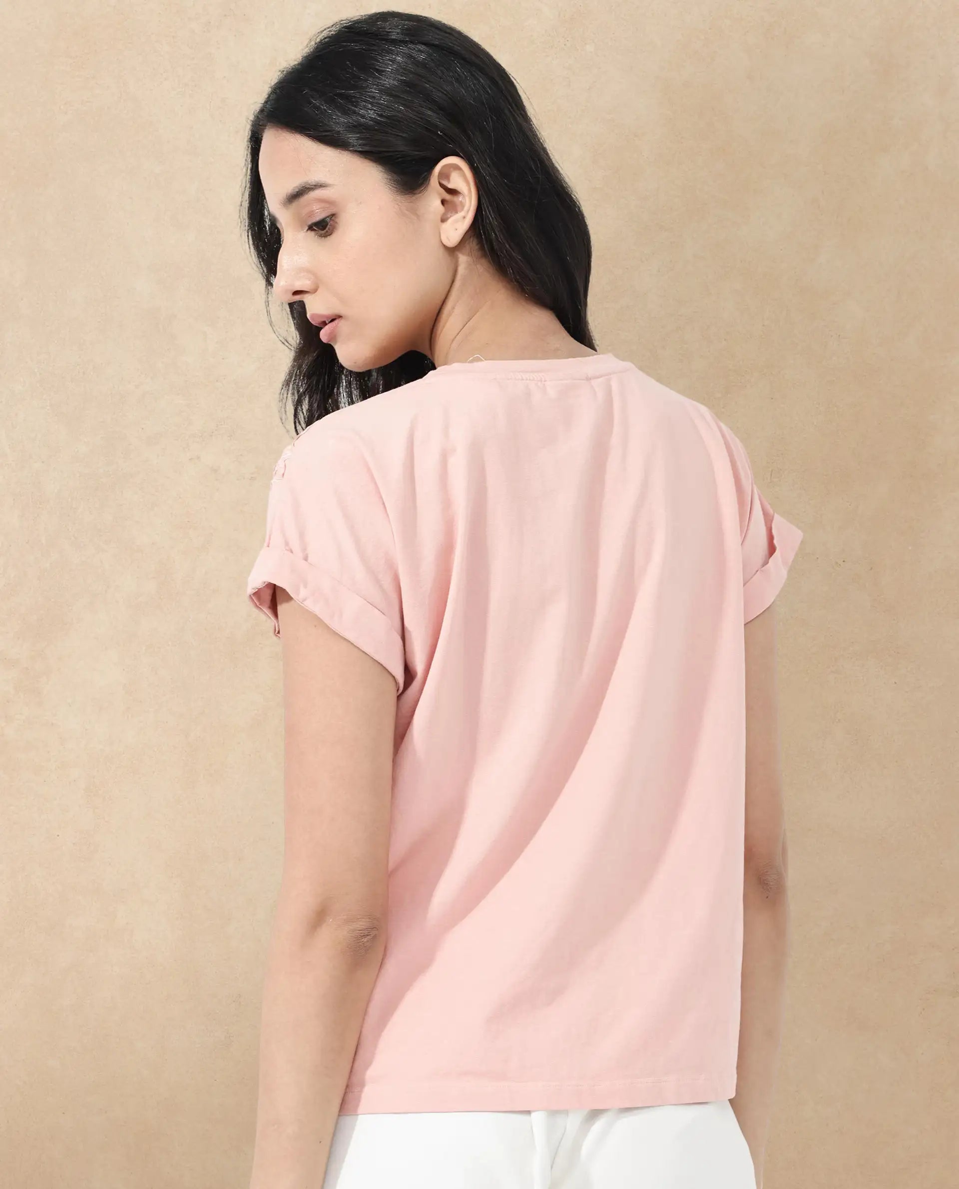 Rareism Women's Xinia Light Peach Cotton Blend Crew Neck Plain Extended Sleeves Regular Fit T-Shirt