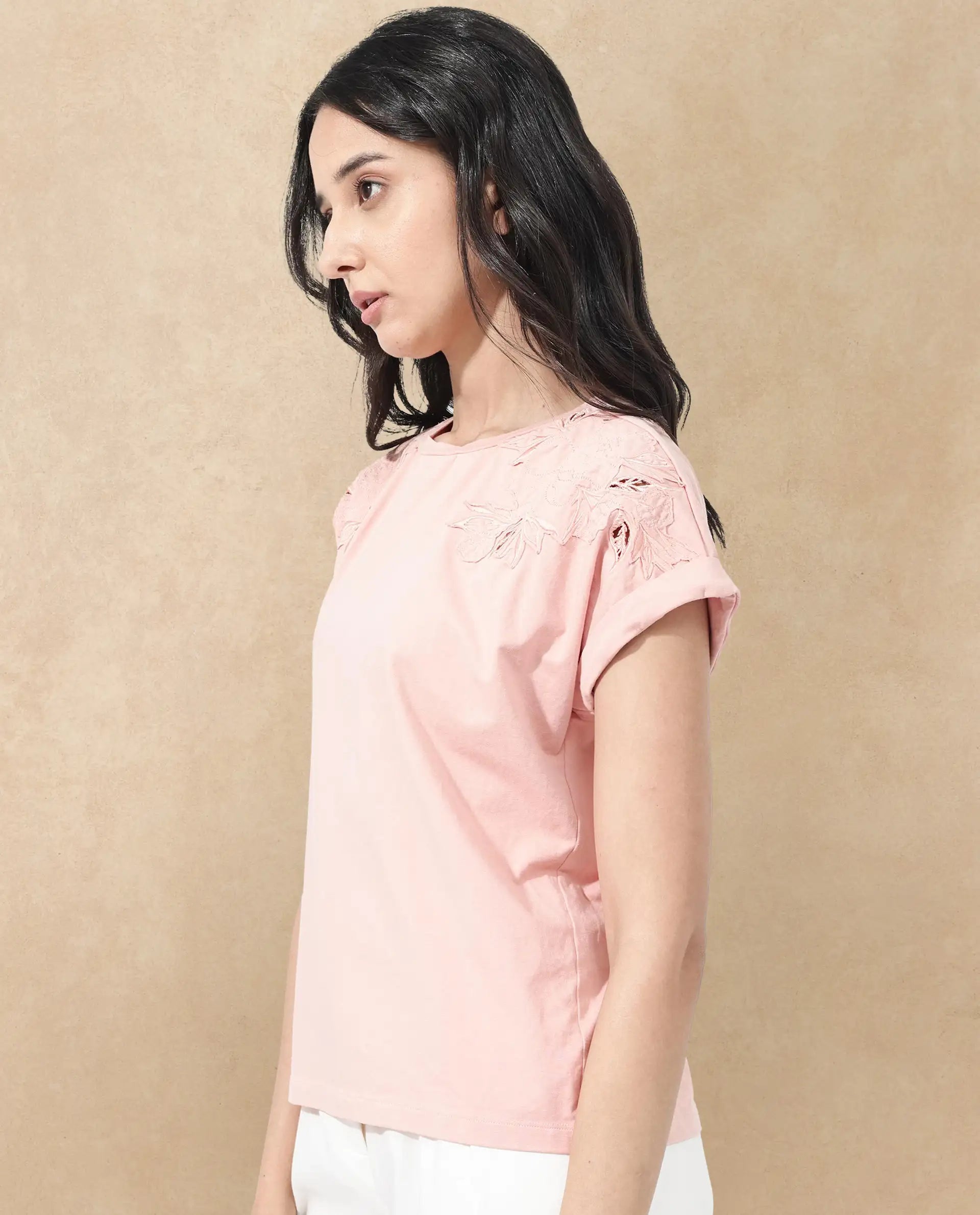 Rareism Women's Xinia Light Peach Cotton Blend Crew Neck Plain Extended Sleeves Regular Fit T-Shirt