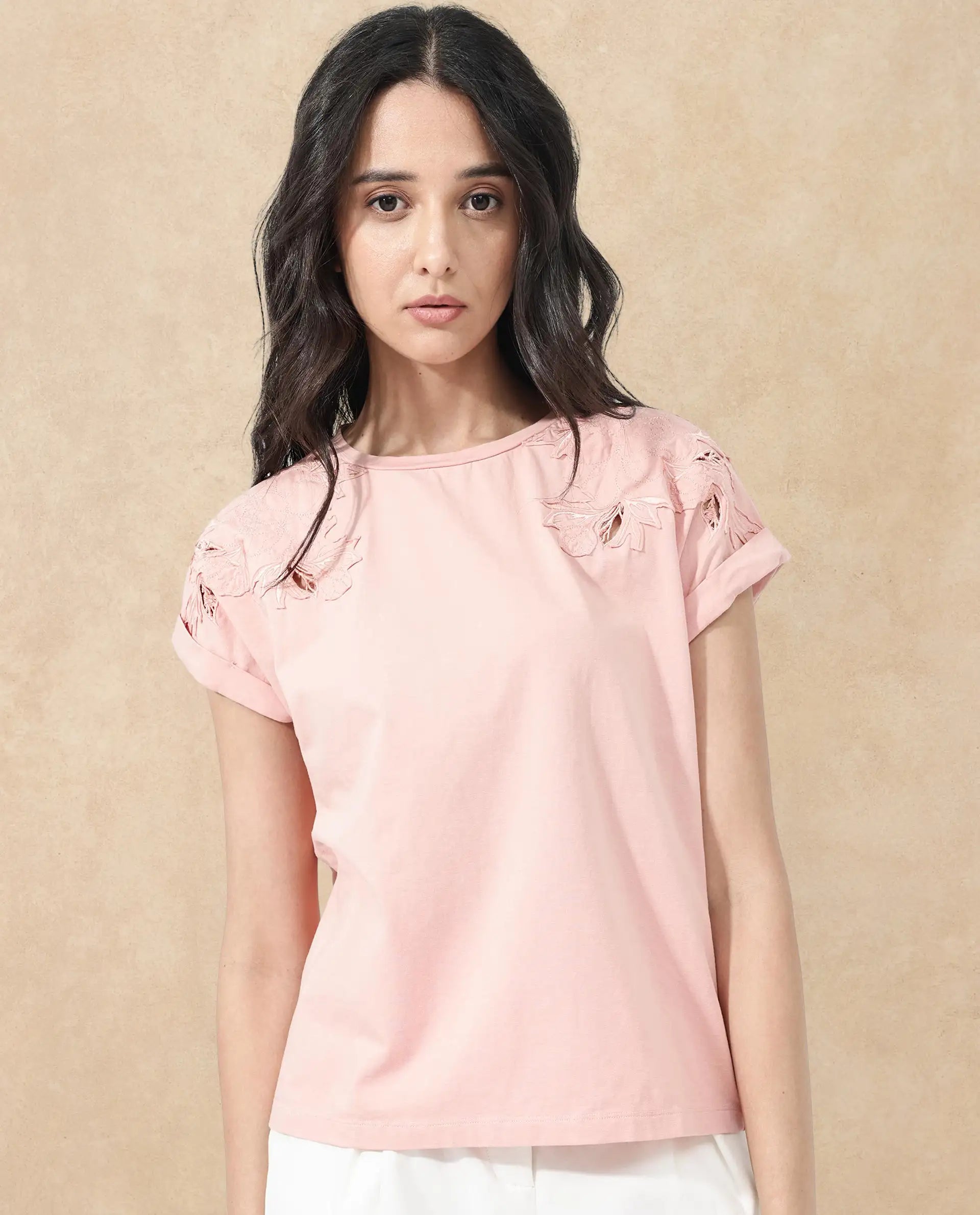 Rareism Women's Xinia Light Peach Cotton Blend Crew Neck Plain Extended Sleeves Regular Fit T-Shirt