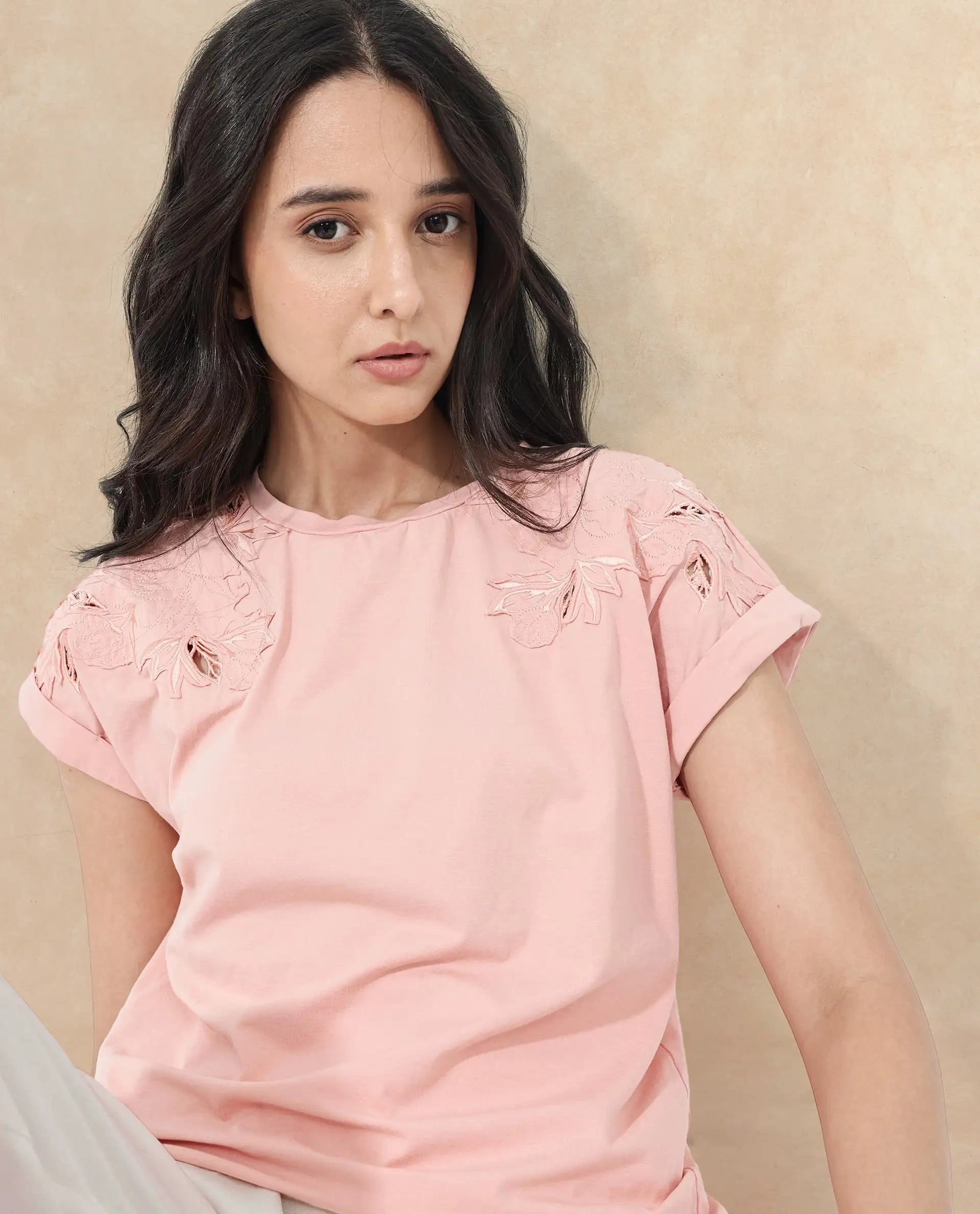 Rareism Women's Xinia Light Peach Cotton Blend Crew Neck Plain Extended Sleeves Regular Fit T-Shirt