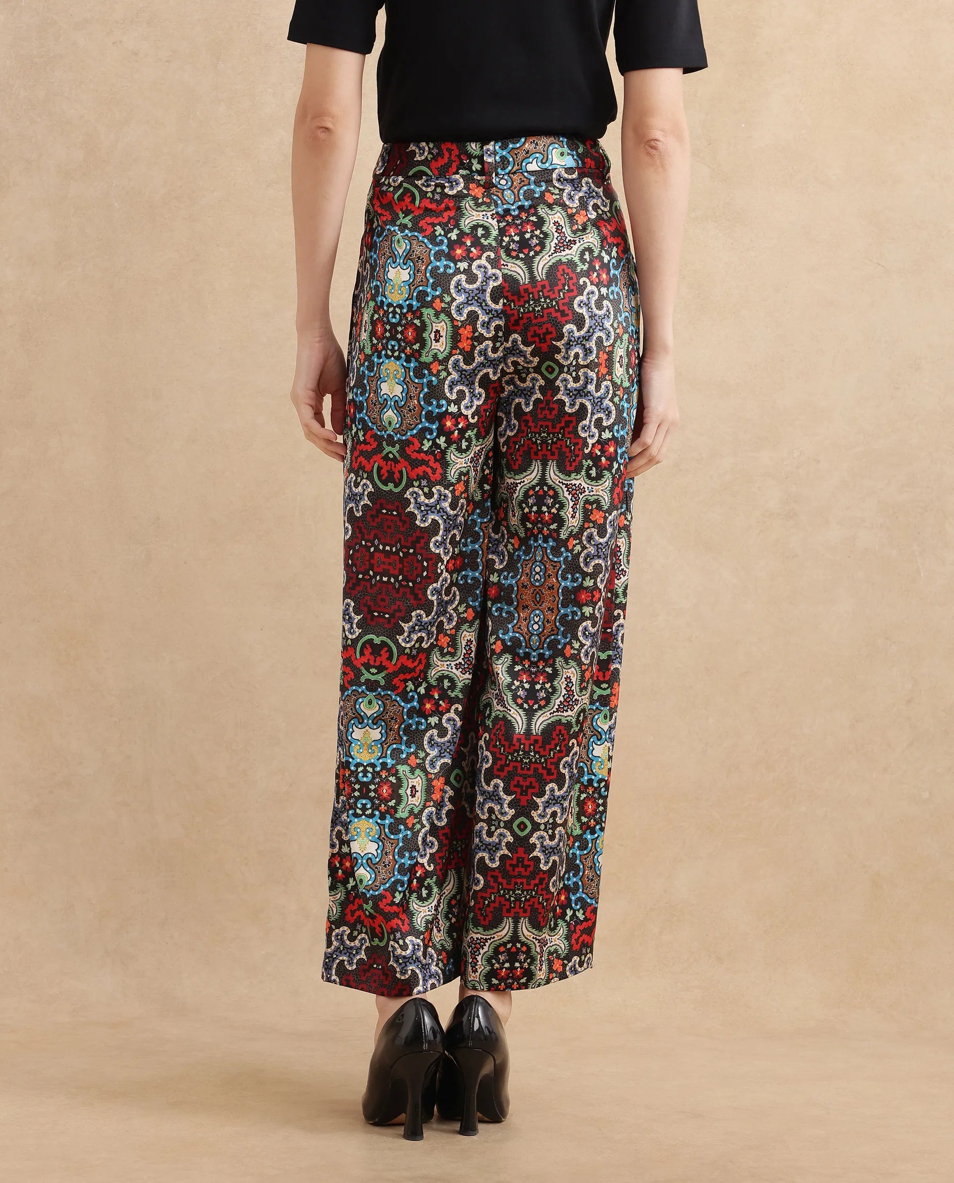 Rareism Women's Xiu Dark Multi Satin Abstract Print Ankle Length Wide Trouser
