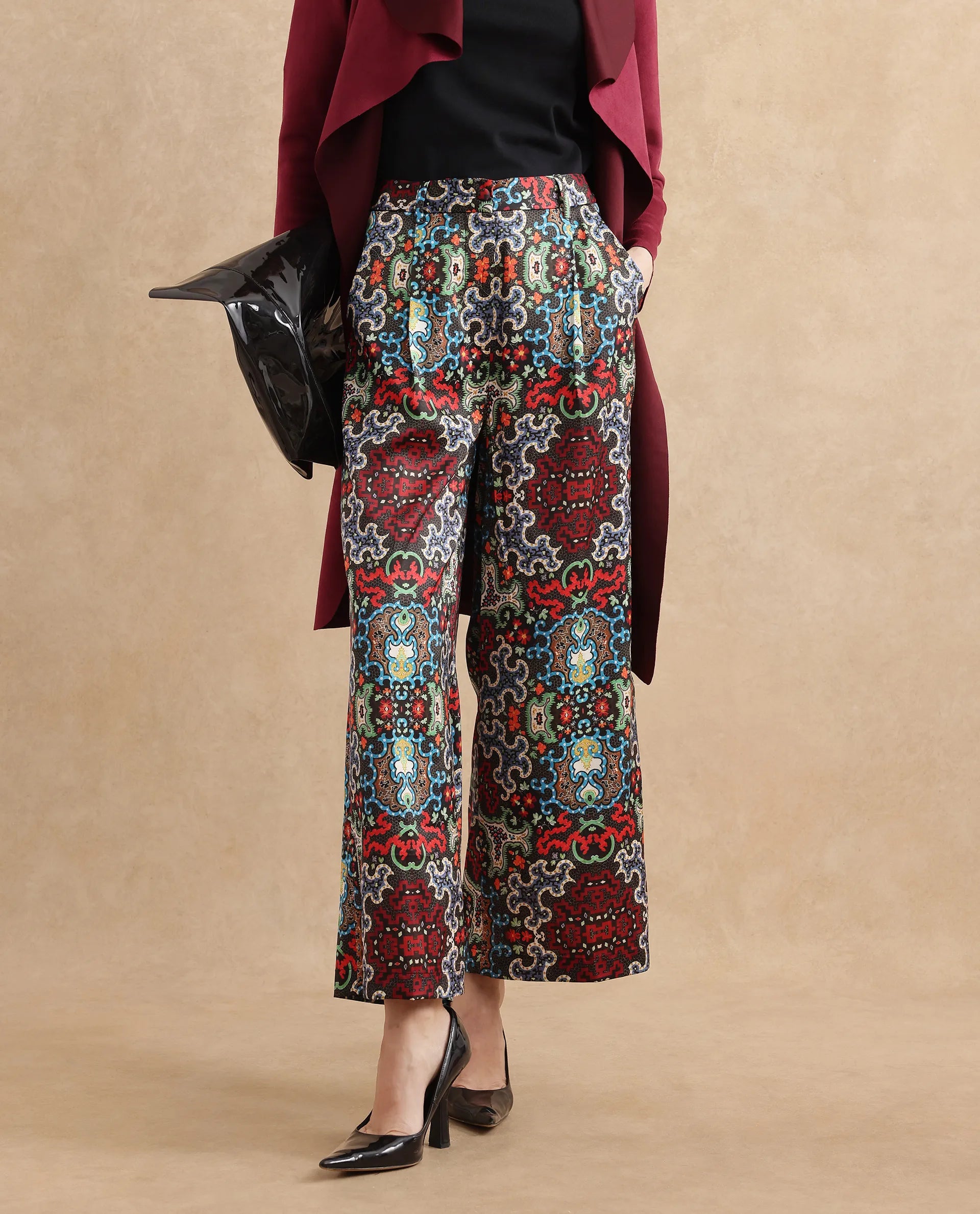 Rareism Women's Xiu Dark Multi Satin Abstract Print Ankle Length Wide Trouser