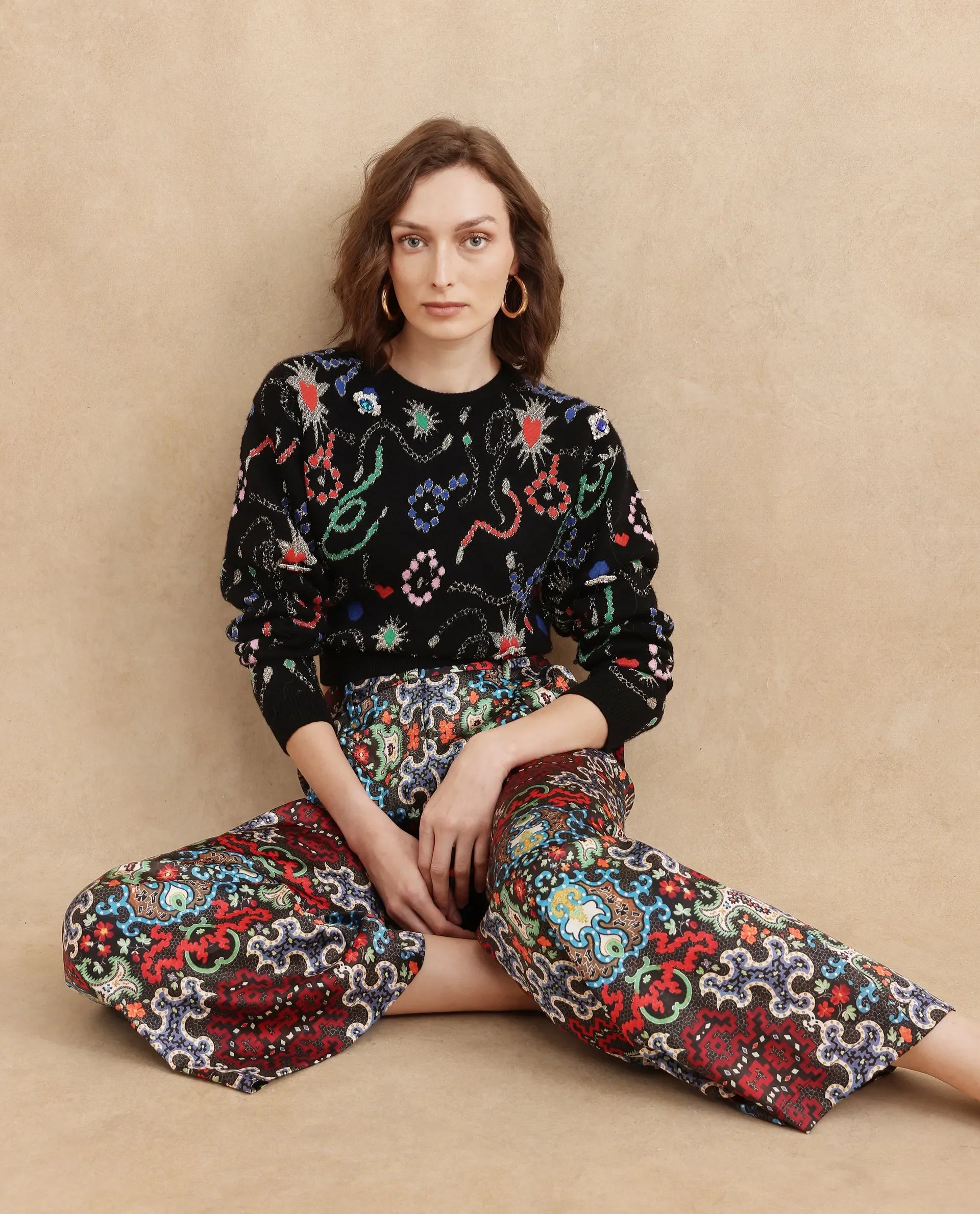 Rareism Women's Xiu Dark Multi Satin Abstract Print Ankle Length Wide Trouser