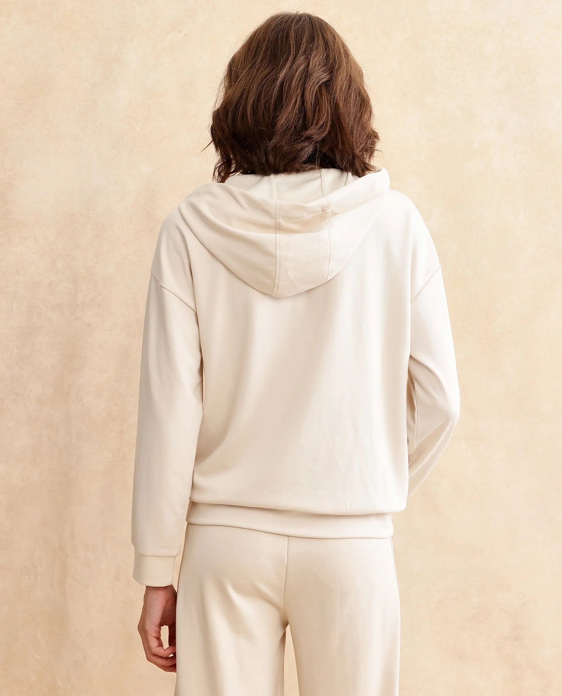 Rareism Women's Yalova Off White Modal Blend Hooded Plain Relaxed Fit Sweatshirt