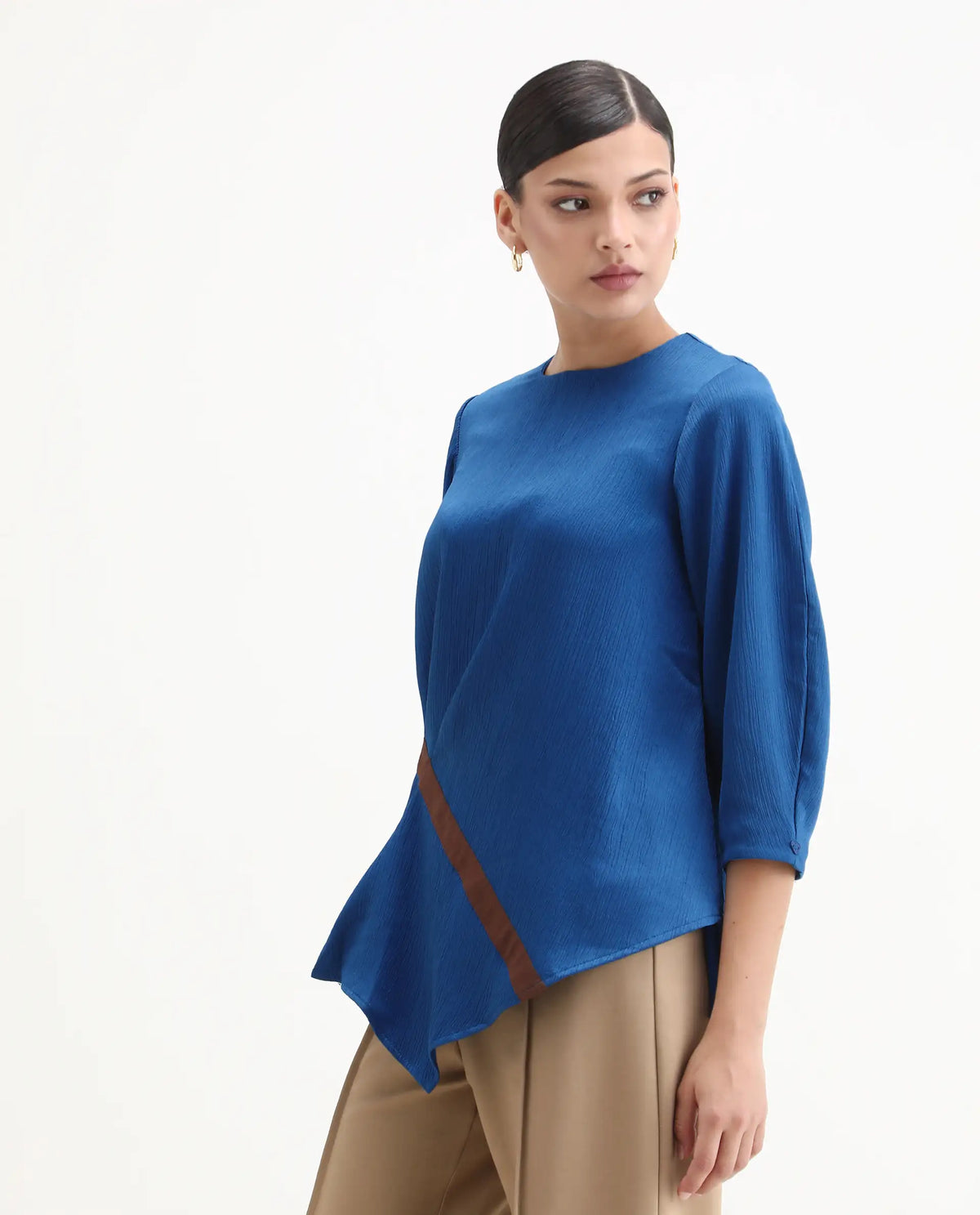 Rareism Women's Yan Blue Polyester Crew Neck Plain Volume Sleeve Regular Fit Top