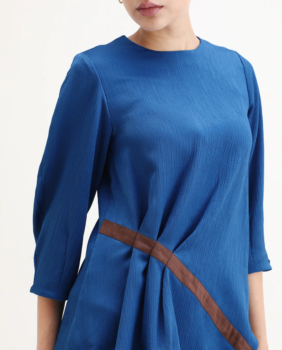 Rareism Women's Yan Blue Polyester Crew Neck Plain Volume Sleeve Regular Fit Top