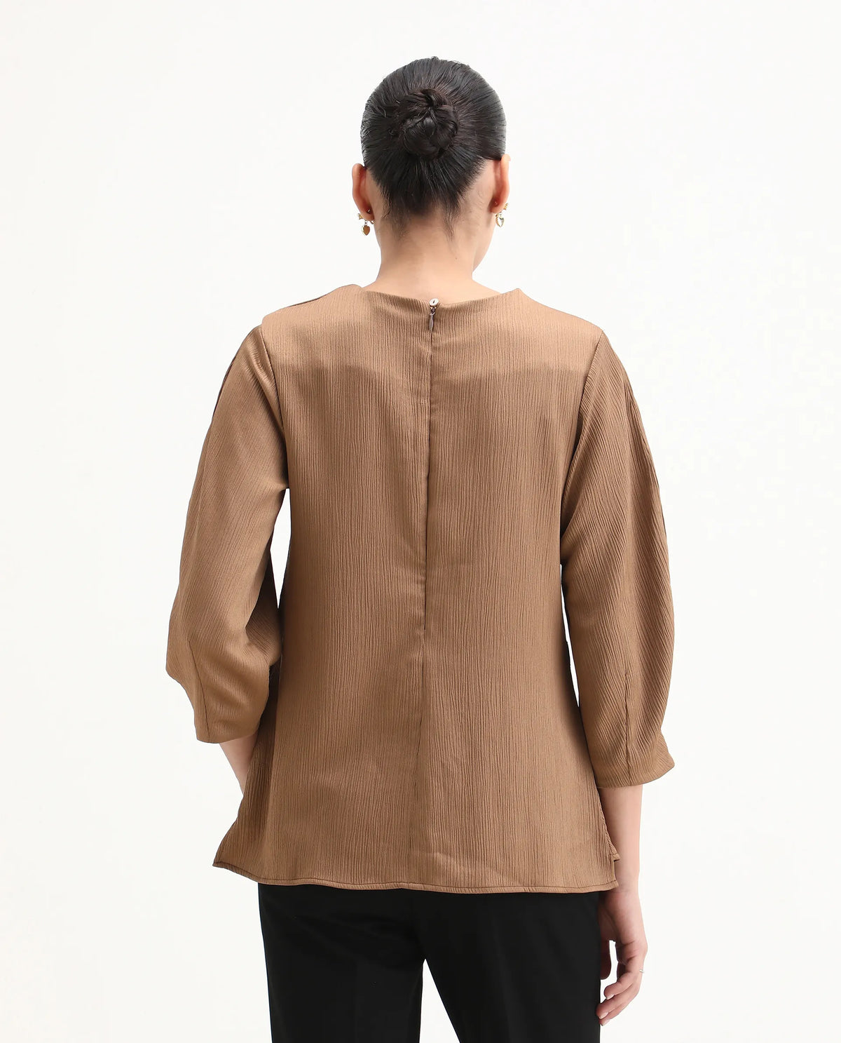 Rareism Women's Yan Brown Polyester Crew Neck Plain Volume Sleeve Regular Fit Top