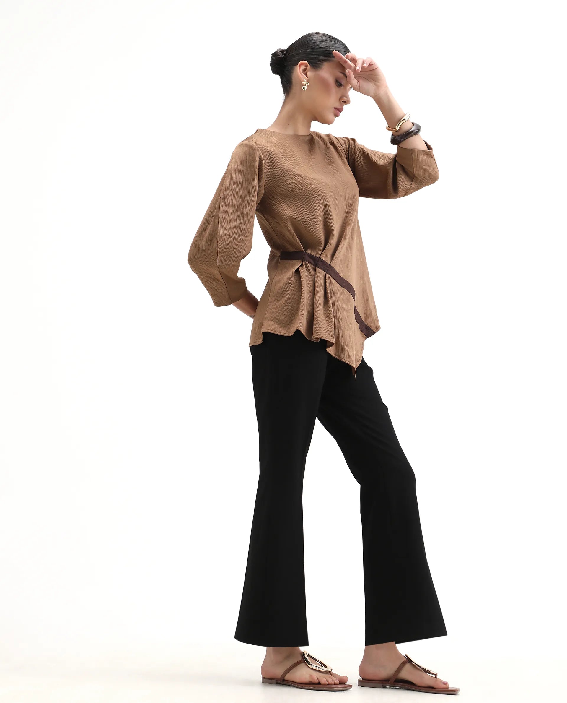 Rareism Women's Yan Brown Polyester Crew Neck Plain Volume Sleeve Regular Fit Top