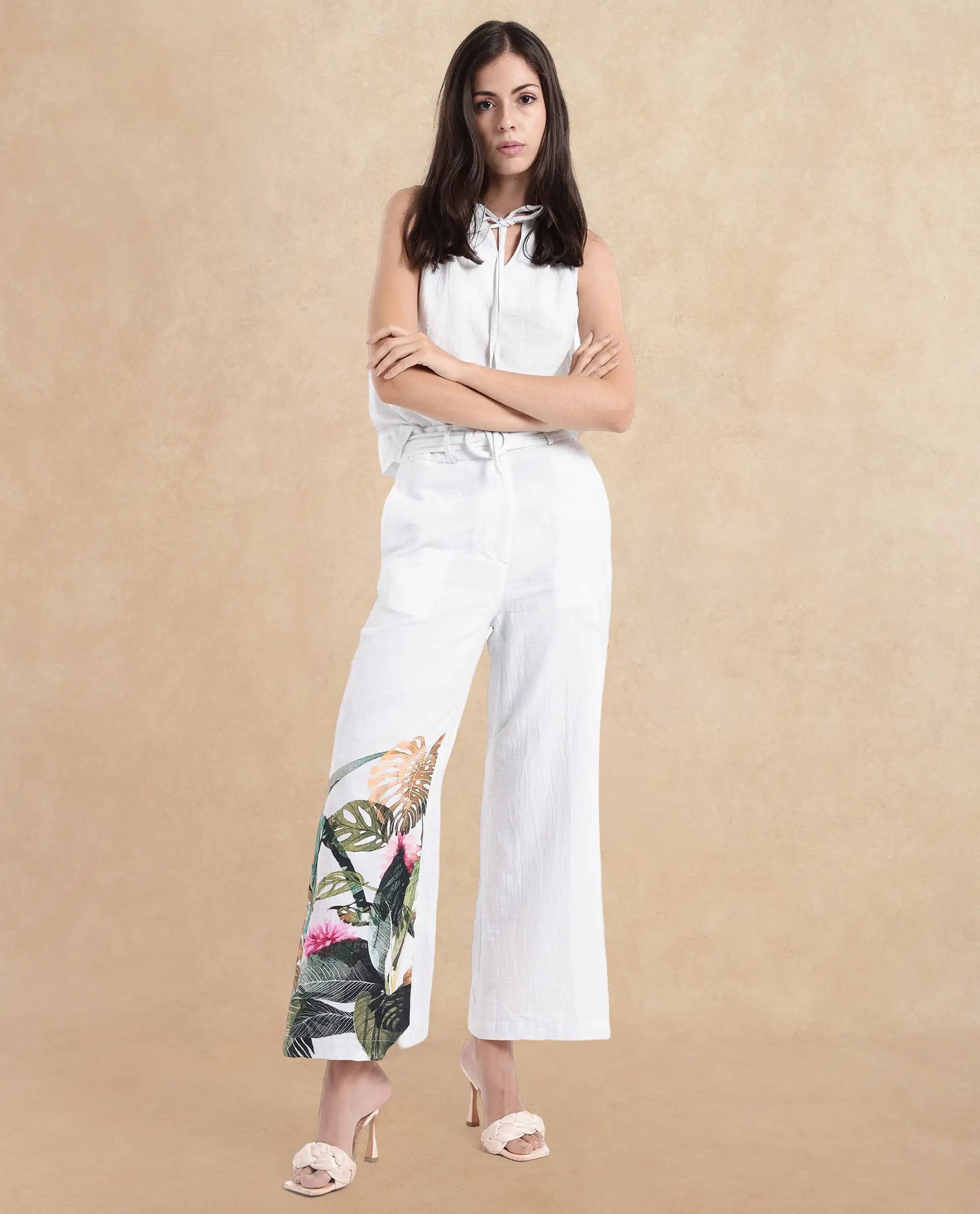 Rareism Women Yarani-SC Off White Zipper Wide Fit Tropical Print Ankle Length Trouser