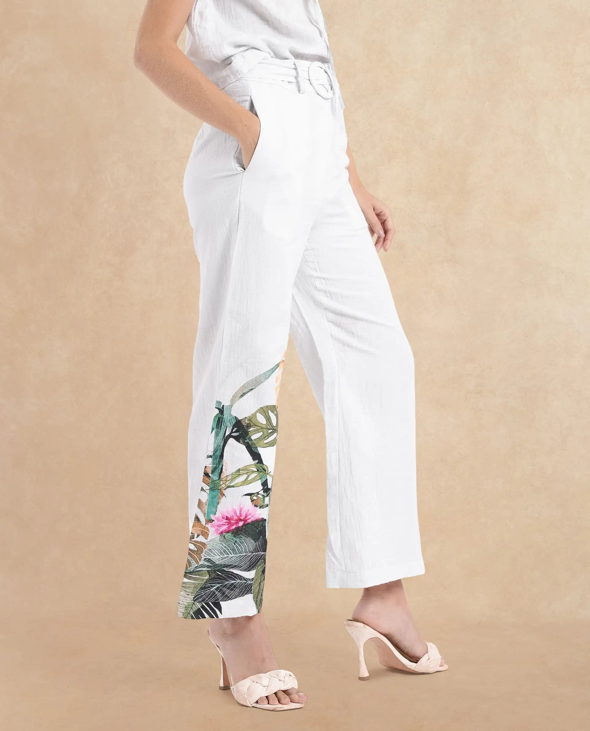 Rareism Women's Yarani Off White Cotton Blend Tropical Print Ankle Length Wide Trouser