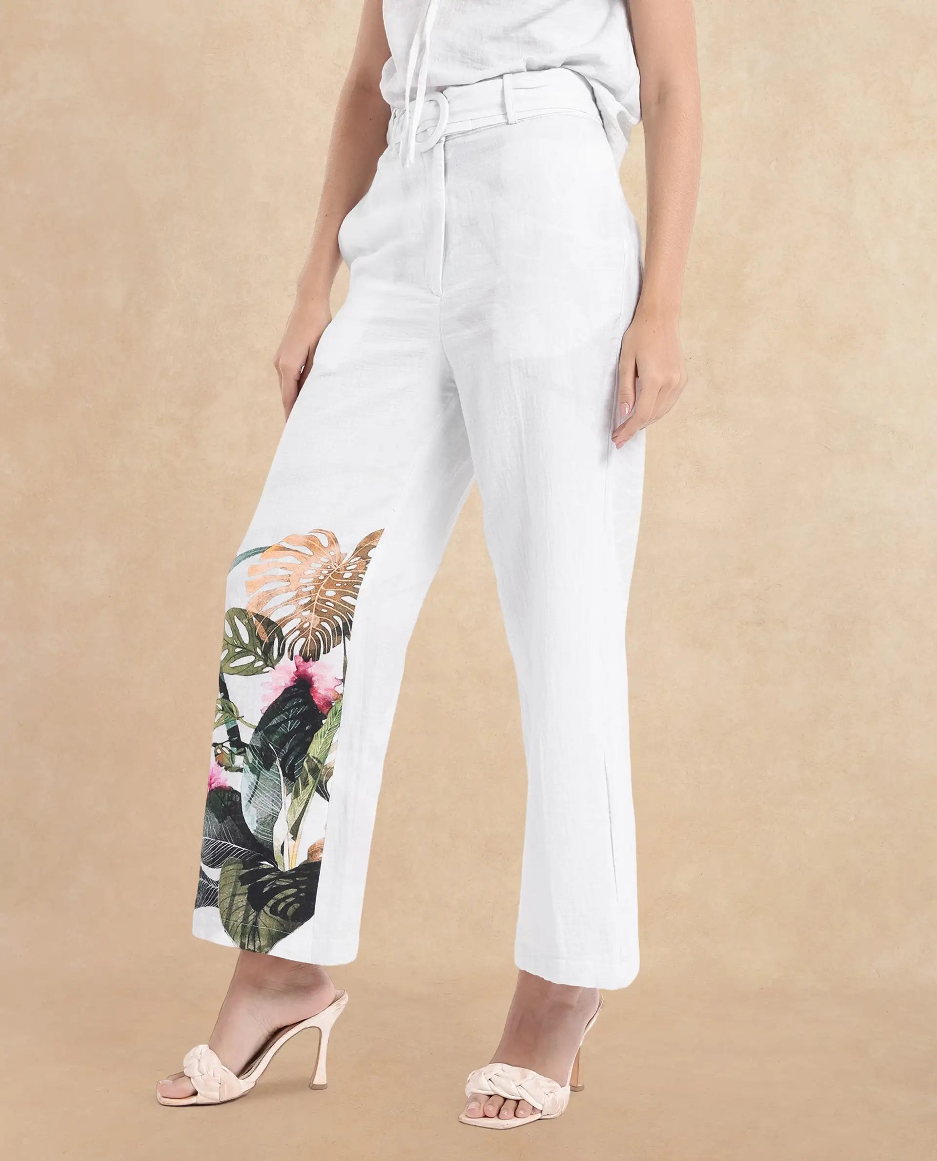Rareism Women's Yarani Off White Cotton Blend Tropical Print Ankle Length Wide Trouser
