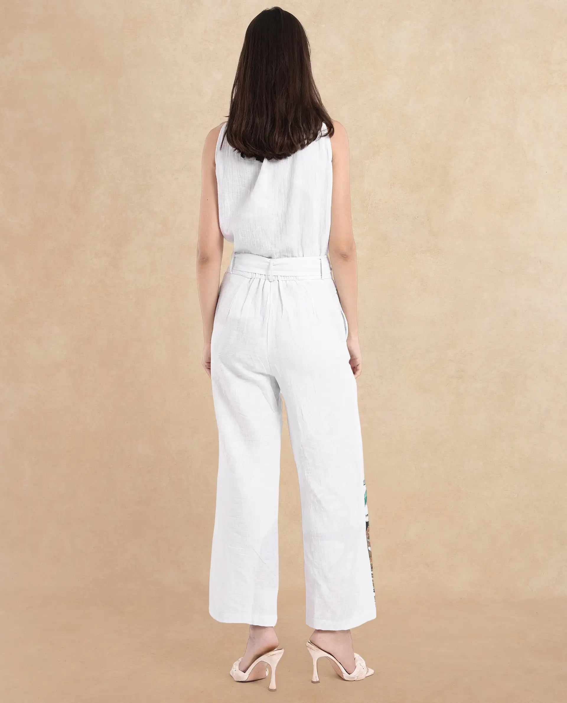 Rareism Women's Yarani Off White Cotton Blend Tropical Print Ankle Length Wide Trouser