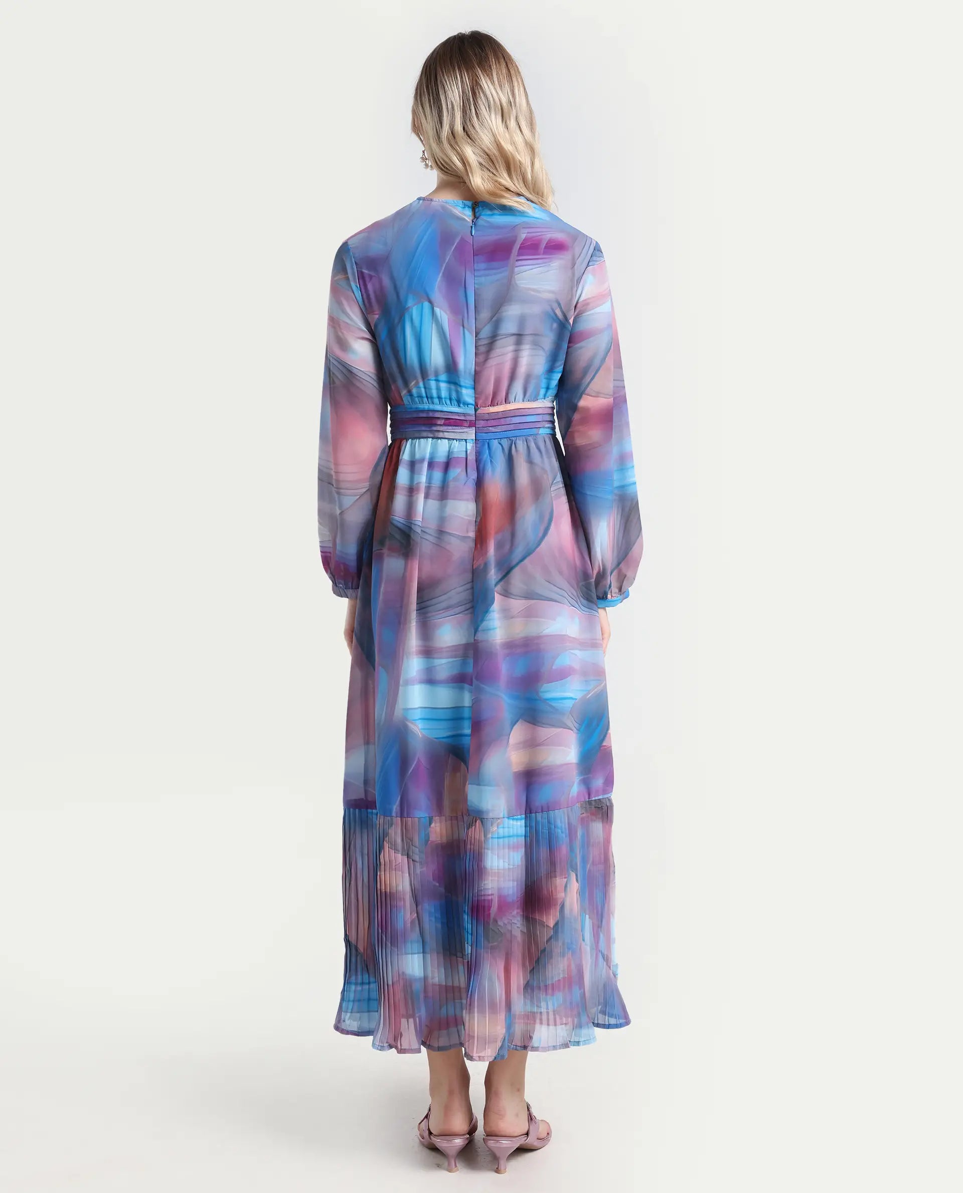 Rareism Women's Yason Multi Polyester Crew Neck Abstract Print Bishop Sleeve Maxi Fit And Flare Dress