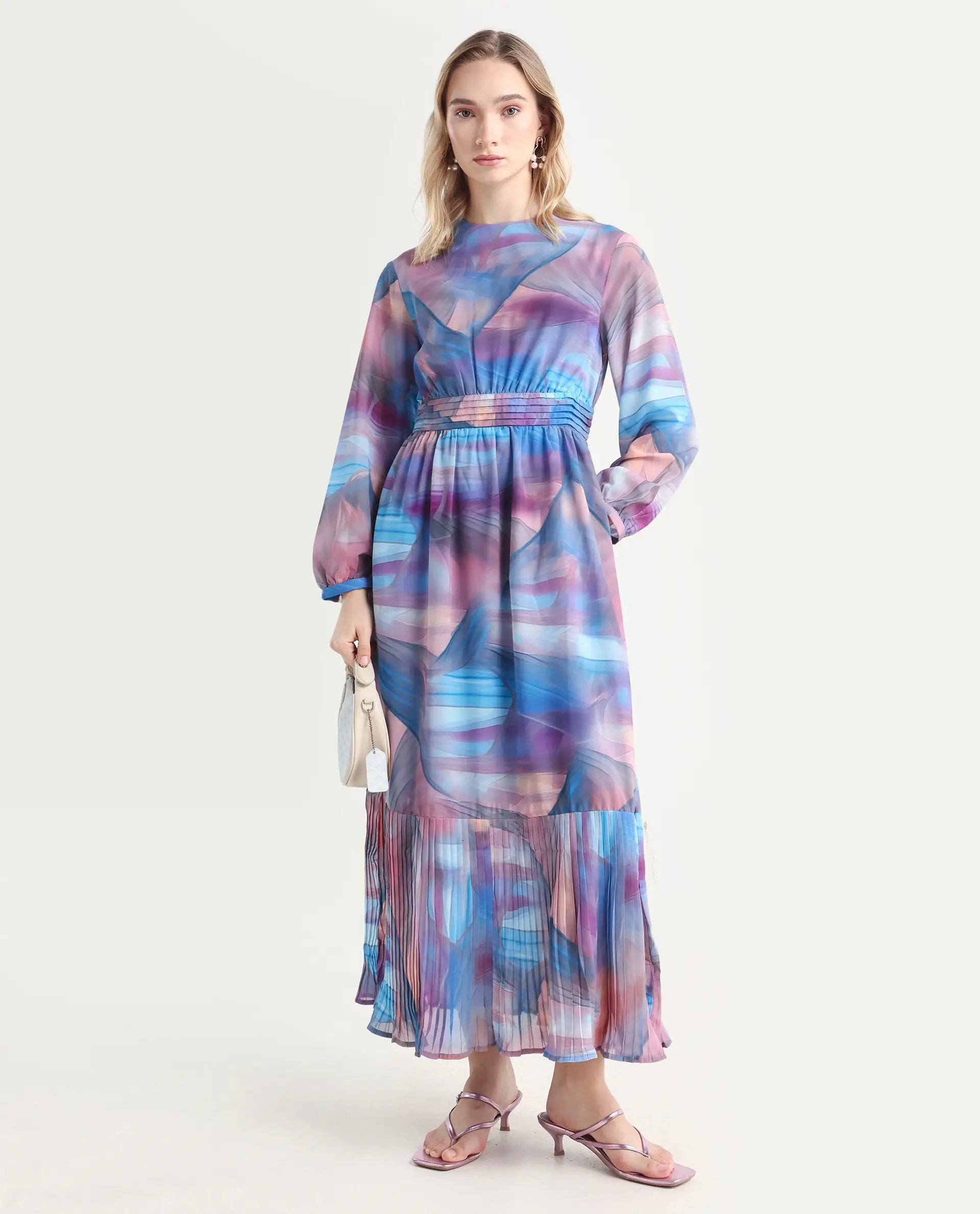 Rareism Women's Yason Multi Polyester Crew Neck Abstract Print Bishop Sleeve Maxi Fit And Flare Dress