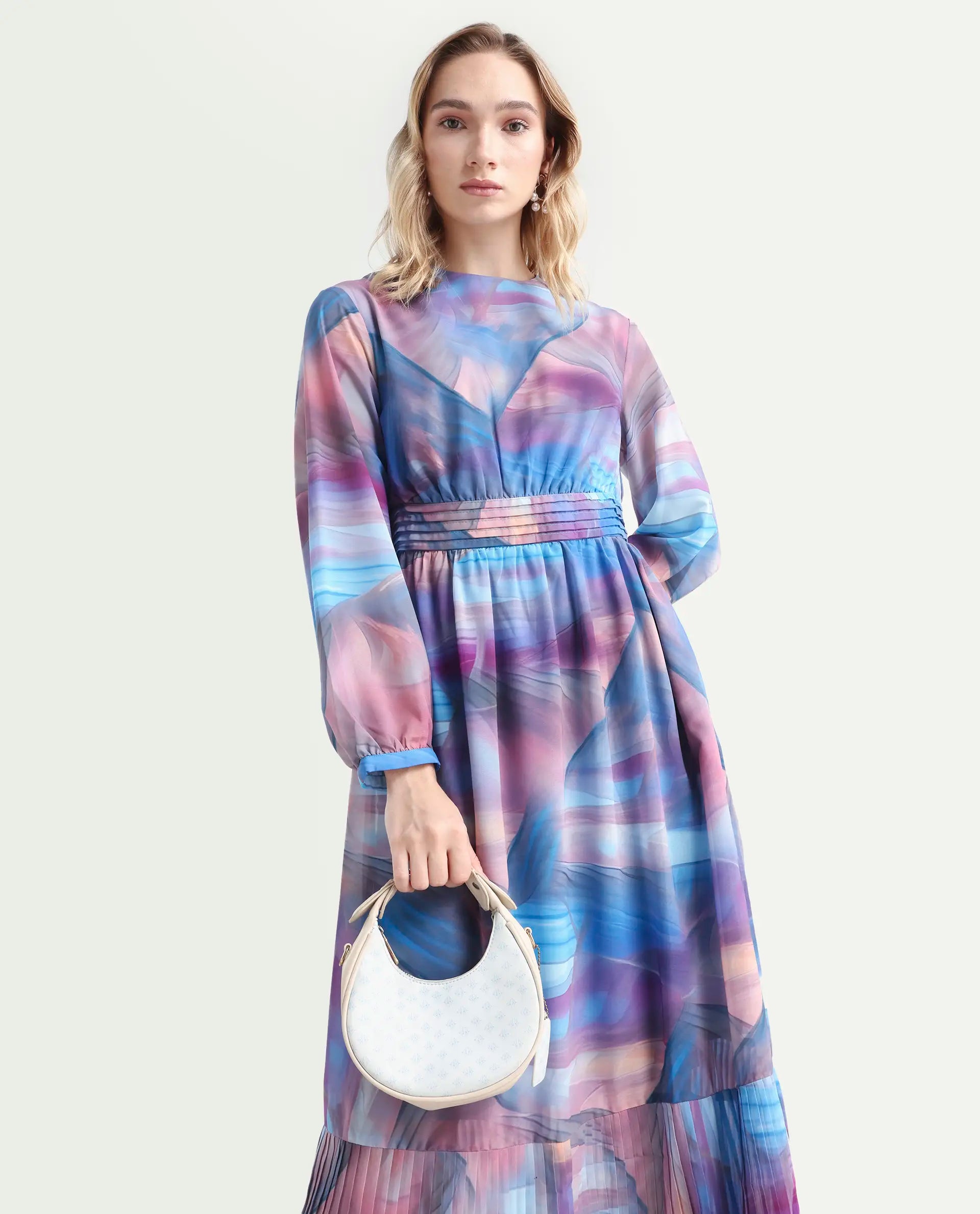 Rareism Women's Yason Multi Polyester Crew Neck Abstract Print Bishop Sleeve Maxi Fit And Flare Dress