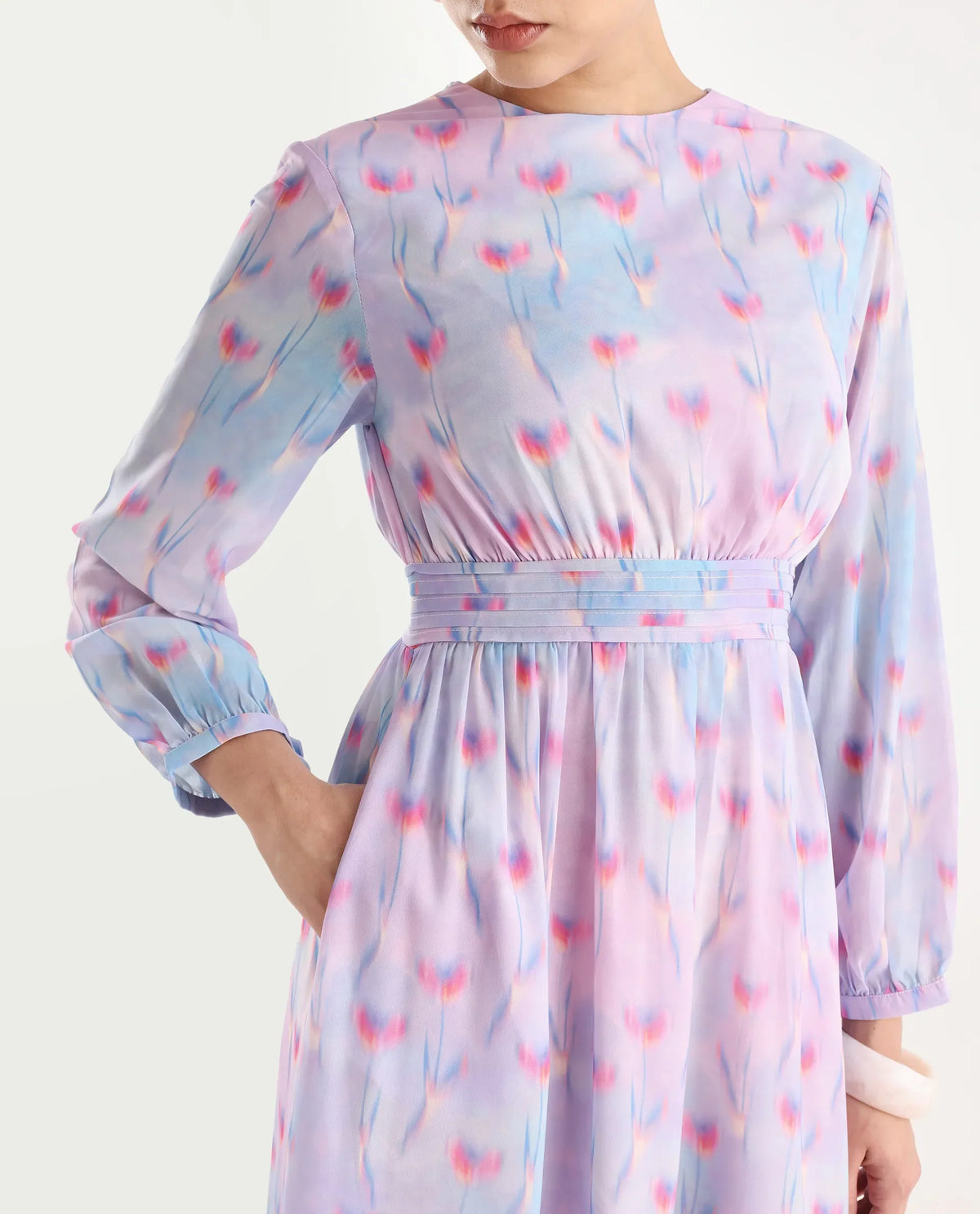 Rareism Women's Yasopp Multi Polyester Crew Neck Floral Print Bishop Sleeve Midi Fit And Flare Dress