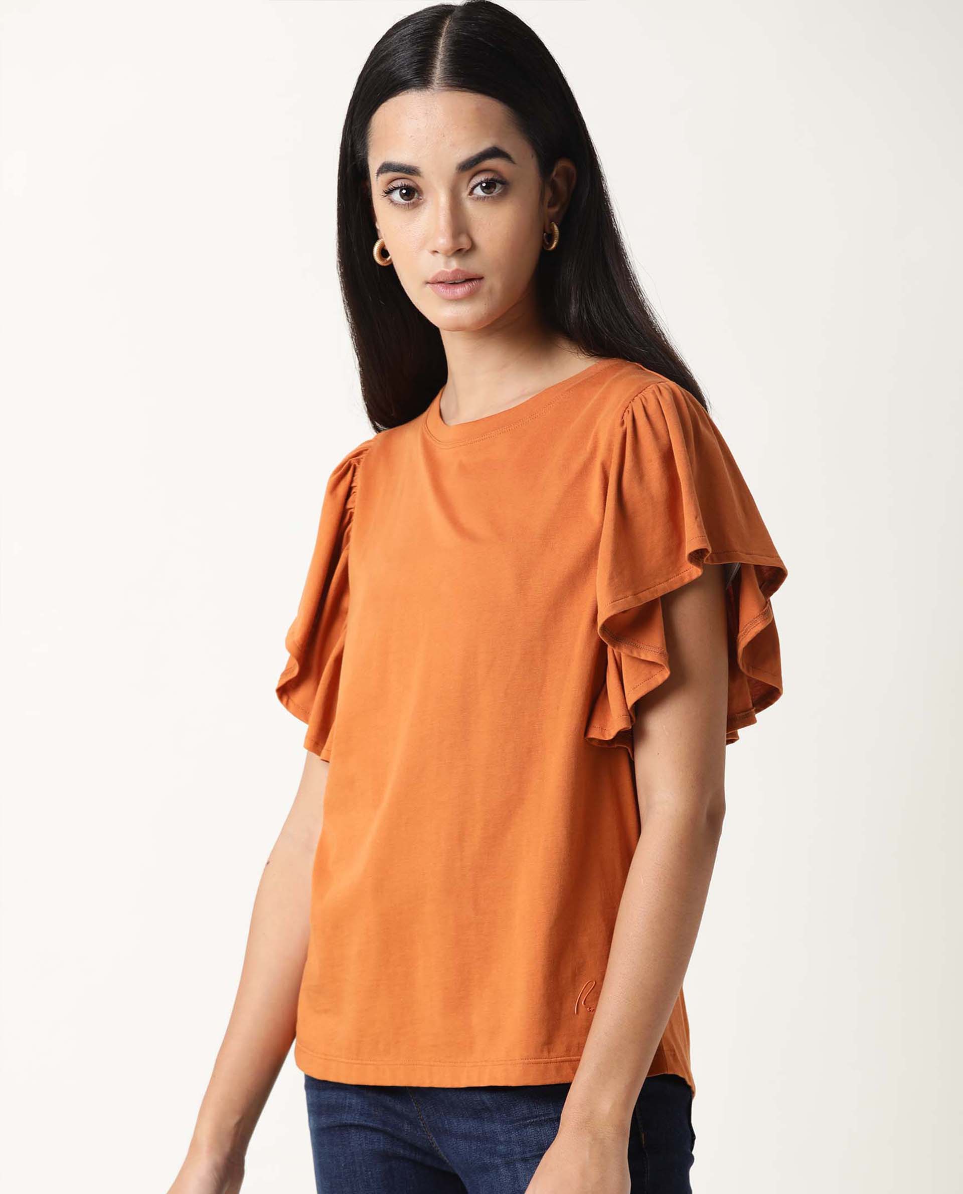 Rareism Womens Yatch Orange Top Cotton Fabric Regular Fit Ruffled Sleeves Crew Neck