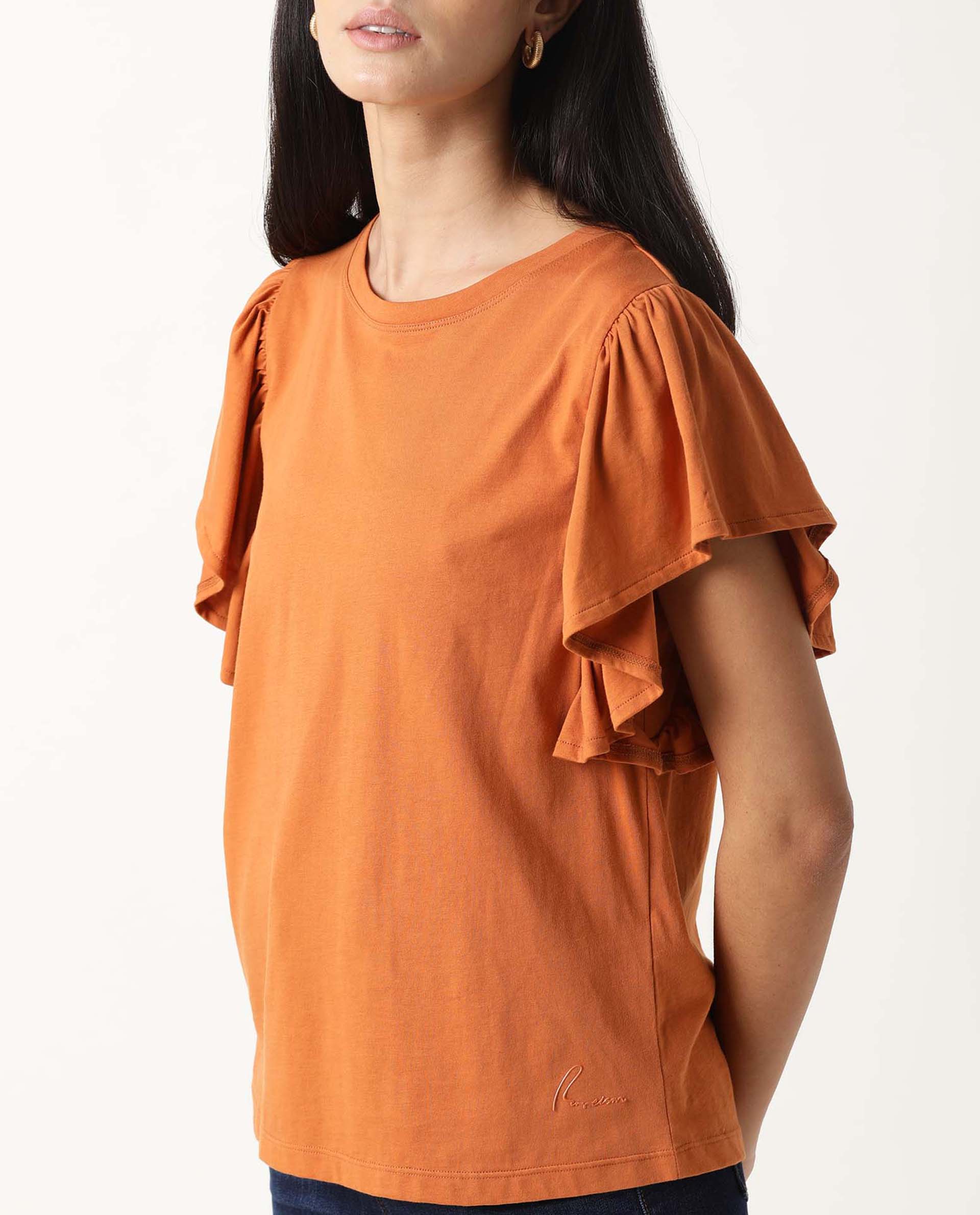 Rareism Women's Yatch Orange Crew Neck Plain Regular Fit Top