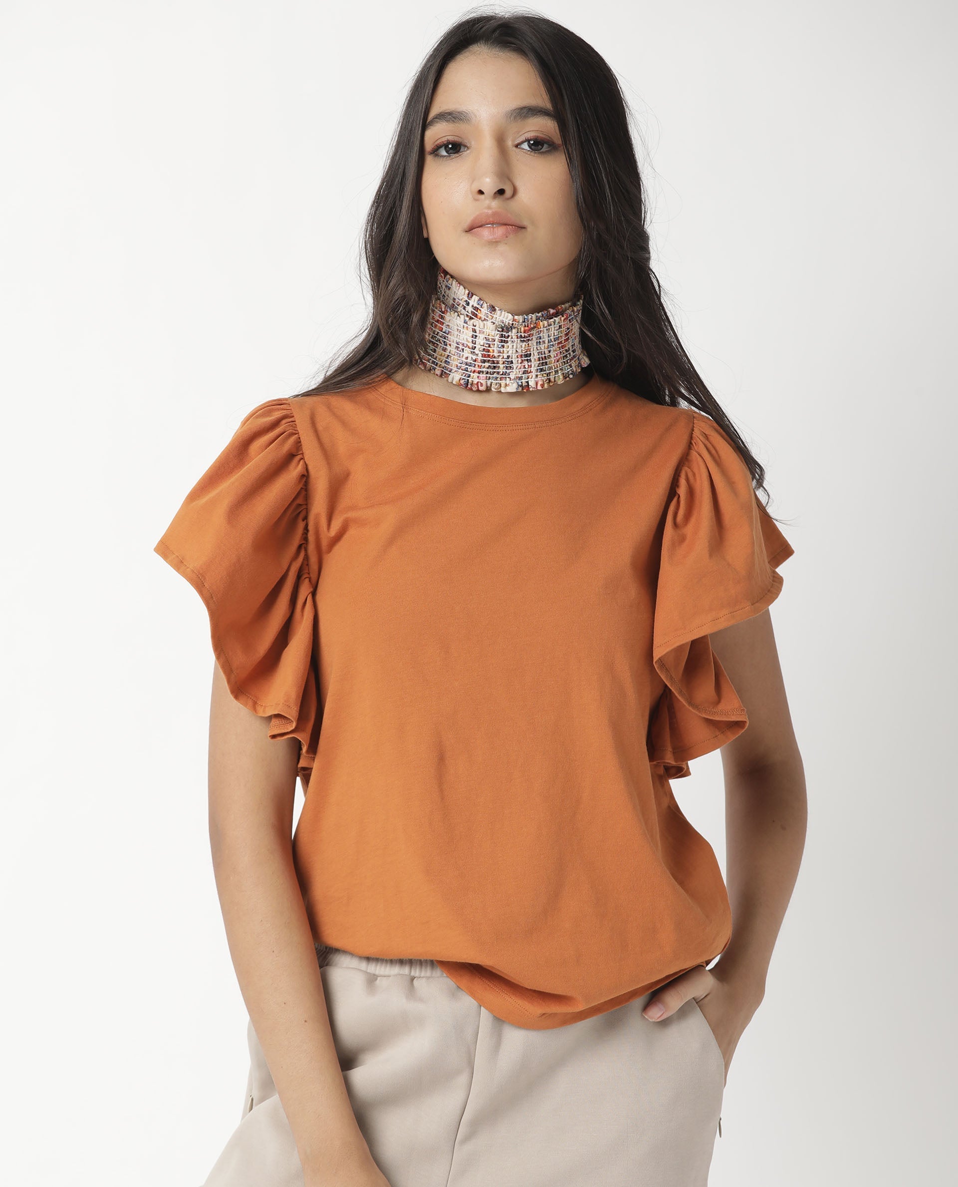 Rareism Women's Yatch Orange Crew Neck Plain Regular Fit Top