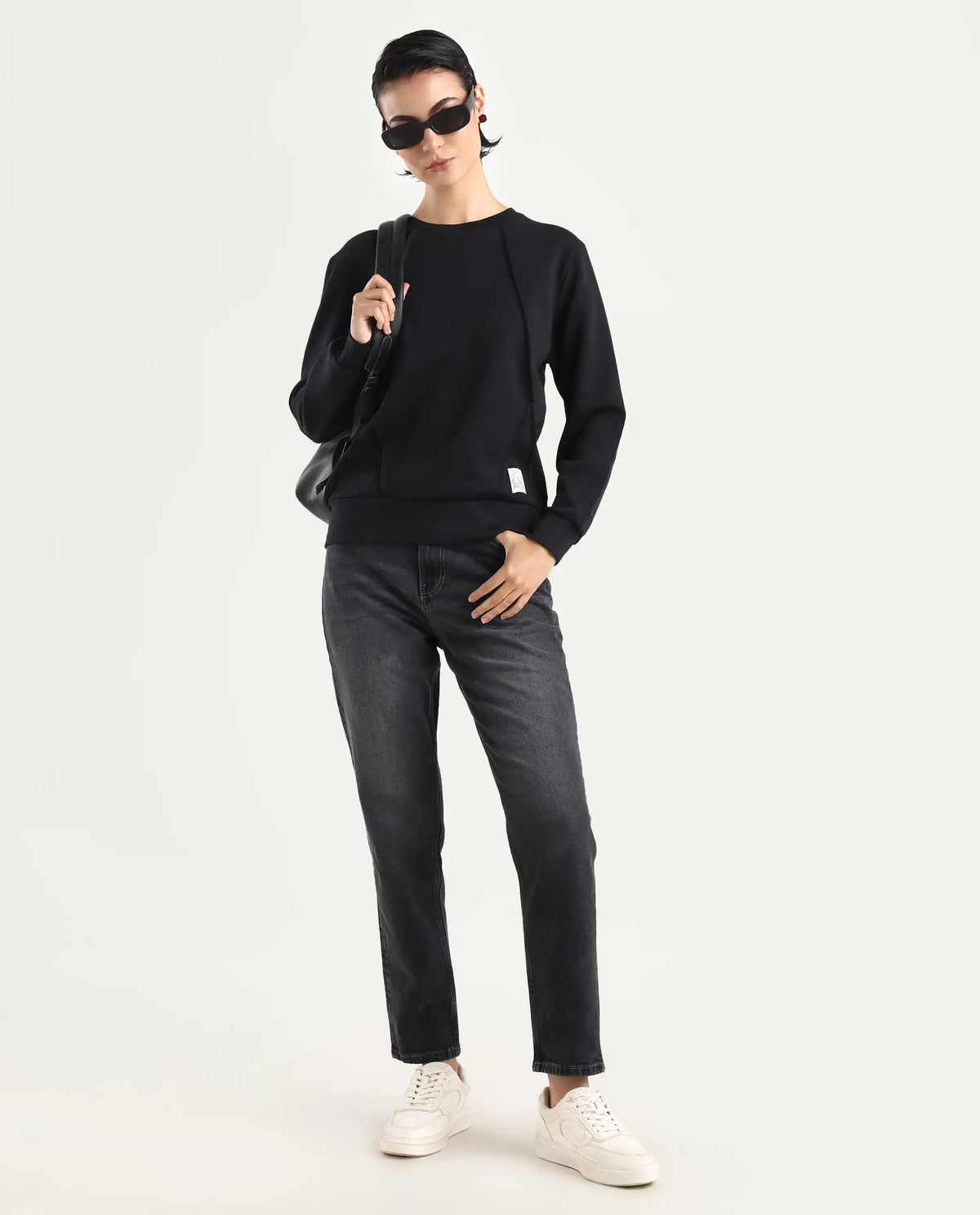 Rareism Women's Yello Black Cotton Blend Crew Neck Plain Relaxed Fit Sweatshirt