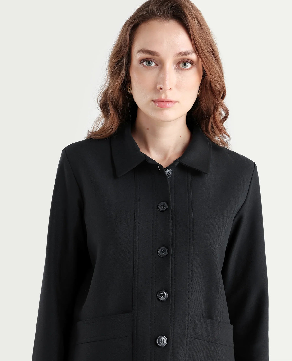 Rareism Women's Yeppon Black Drop Collar Plain Cuffed Sleeve Hip Length Boxy Fit Jacket