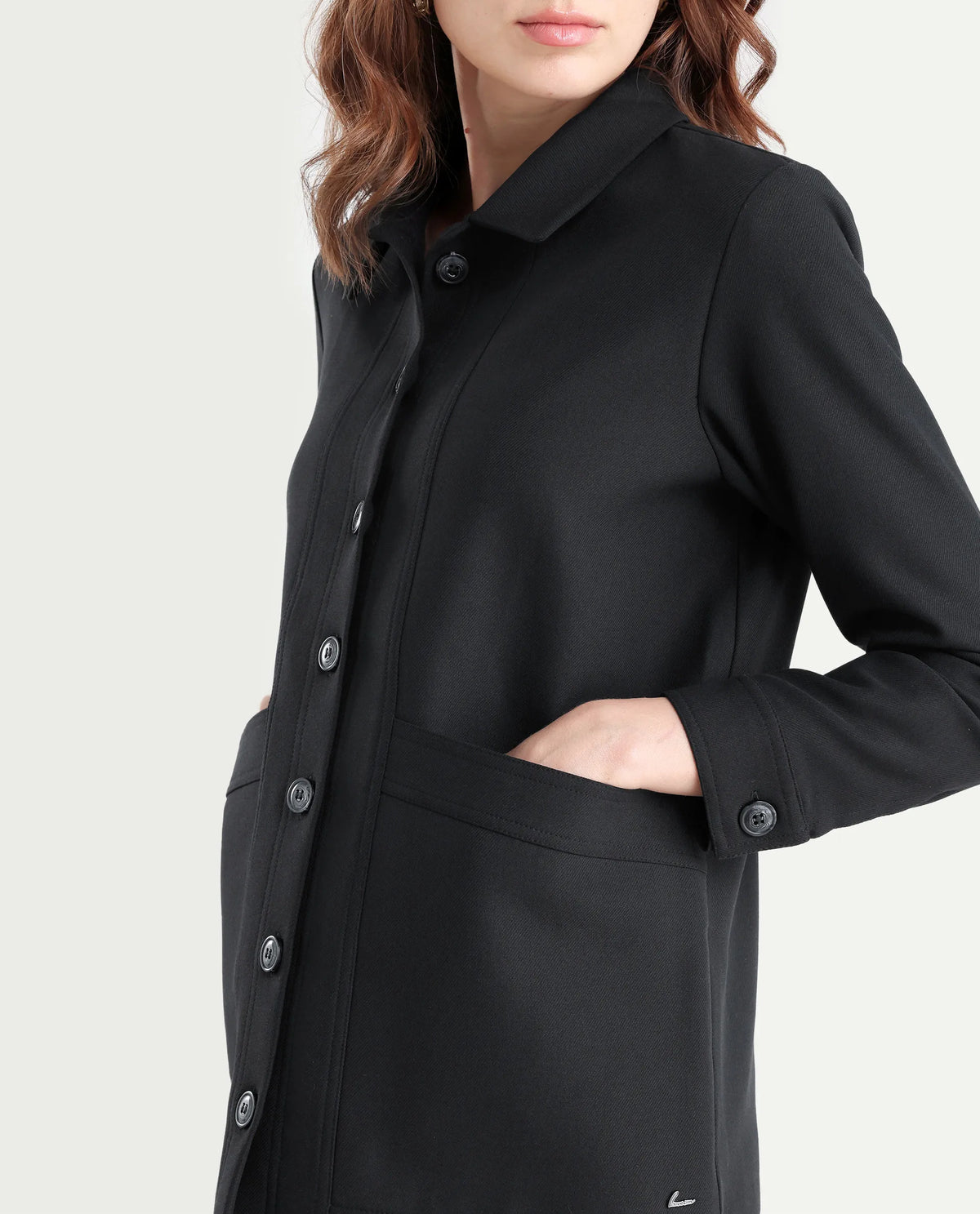 Rareism Women's Yeppon Black Drop Collar Plain Cuffed Sleeve Hip Length Boxy Fit Jacket