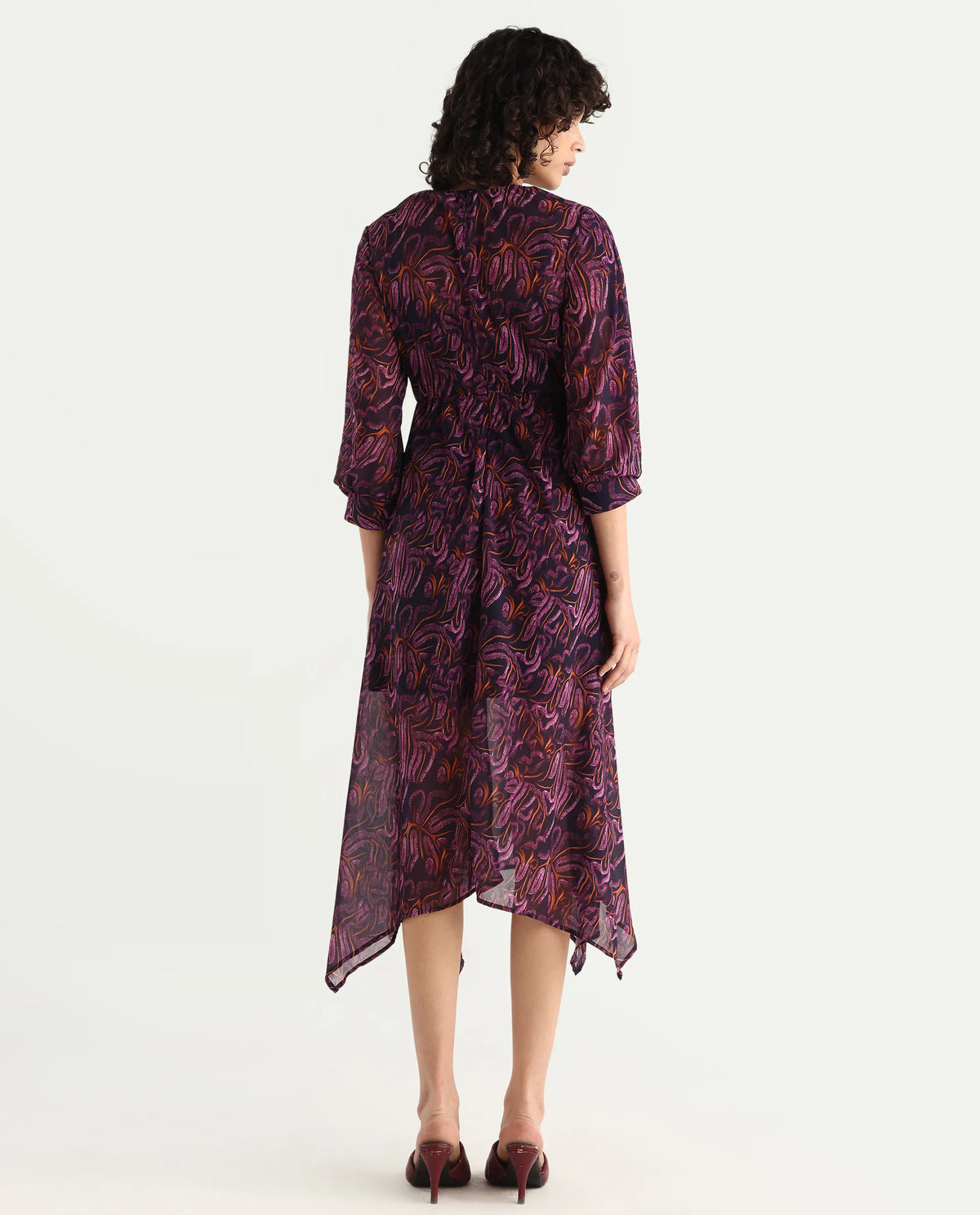 Rareism Women's Yerevan Dark Multi Polyester Crew Neck Abstract Print Puff Sleeves Midi Asymmetric Dress