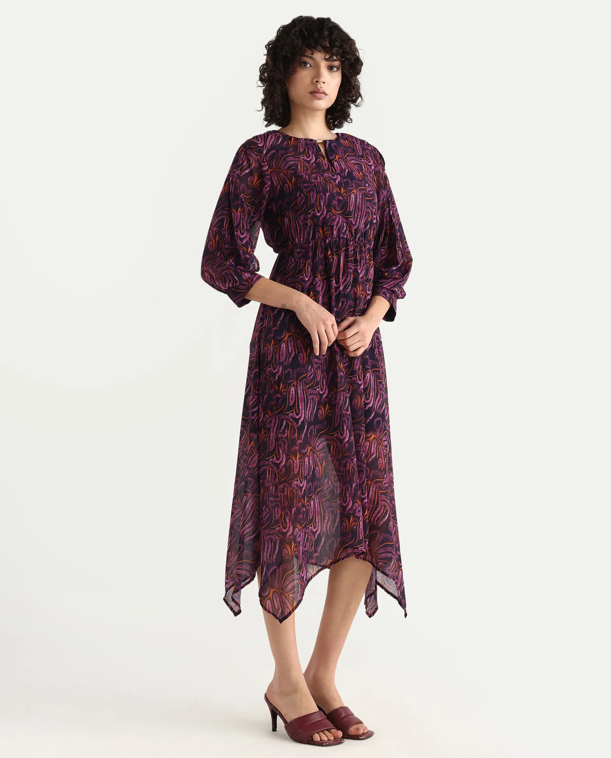 Rareism Women's Yerevan Dark Multi Polyester Crew Neck Abstract Print Puff Sleeves Midi Asymmetric Dress