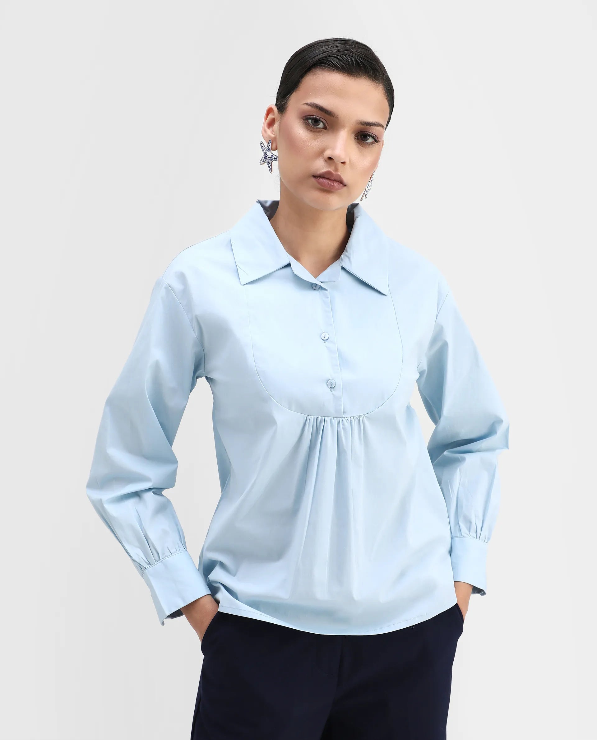 Rareism Women's Yit Light Blue Cotton Blend Drop Collar Plain Bishop Sleeve Relaxed Fit Top