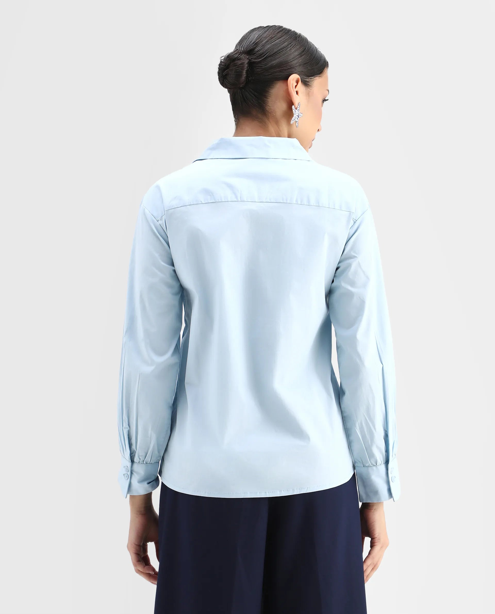 Rareism Women's Yit Light Blue Cotton Blend Drop Collar Plain Bishop Sleeve Relaxed Fit Top