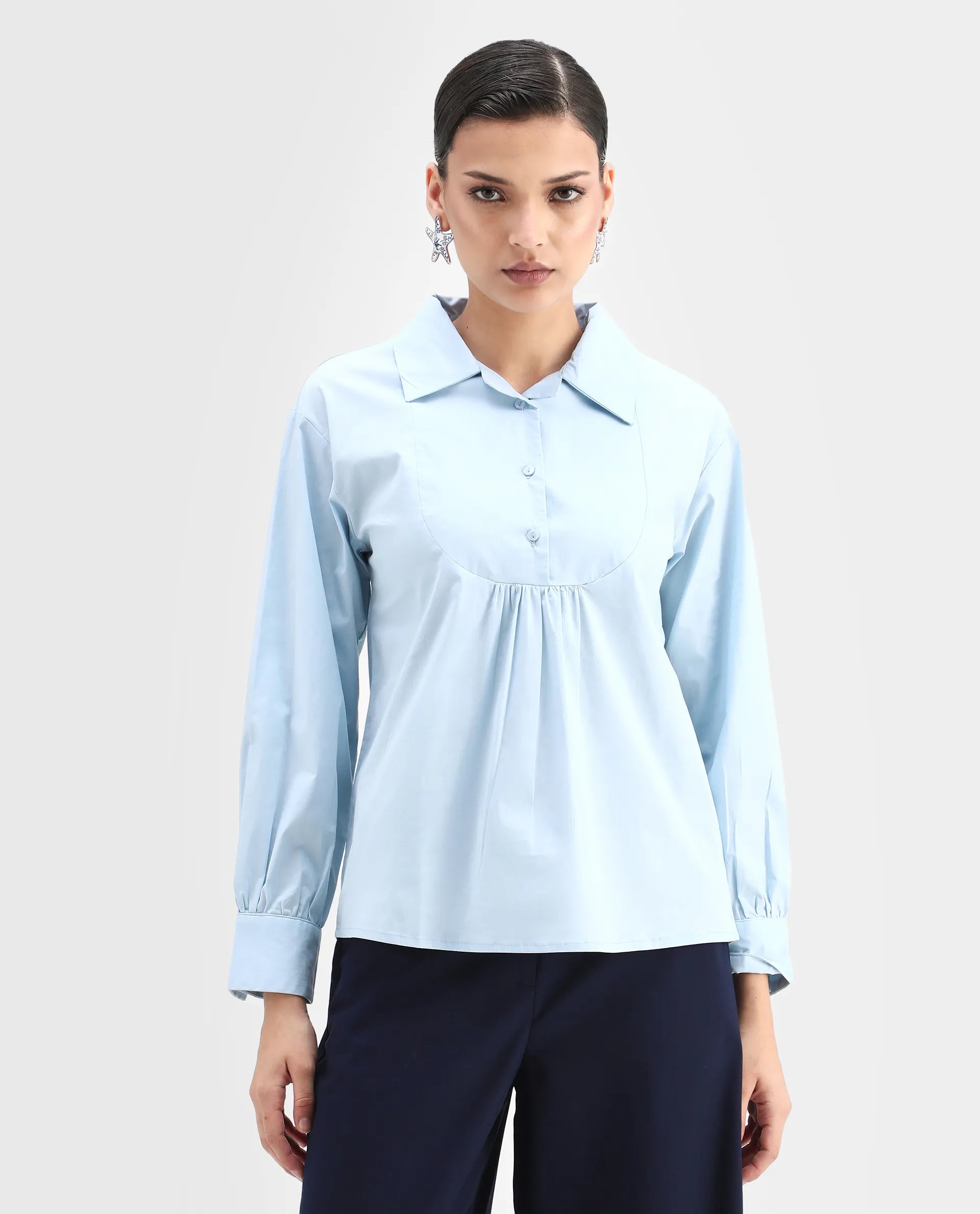 Rareism Women's Yit Light Blue Cotton Blend Drop Collar Plain Bishop Sleeve Relaxed Fit Top