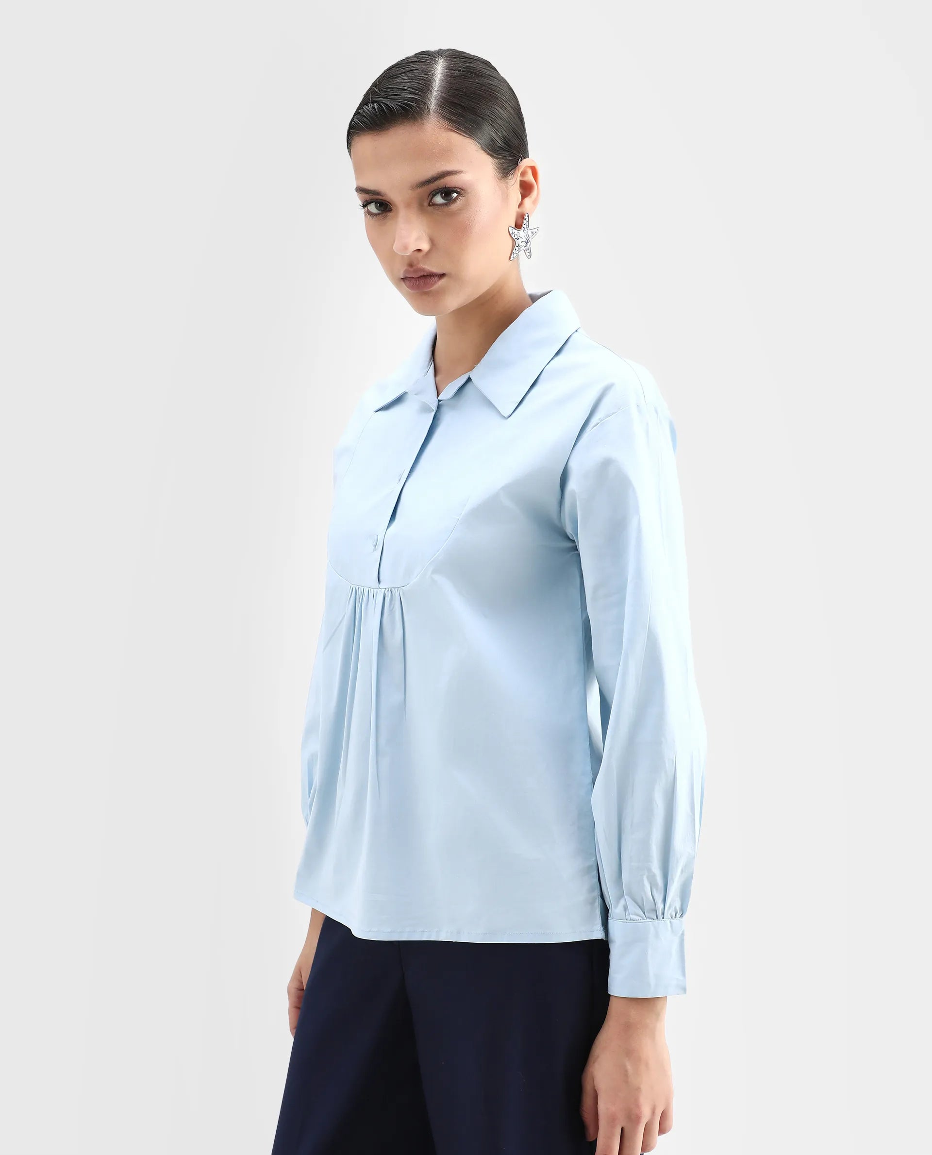 Rareism Women's Yit Light Blue Cotton Blend Drop Collar Plain Bishop Sleeve Relaxed Fit Top