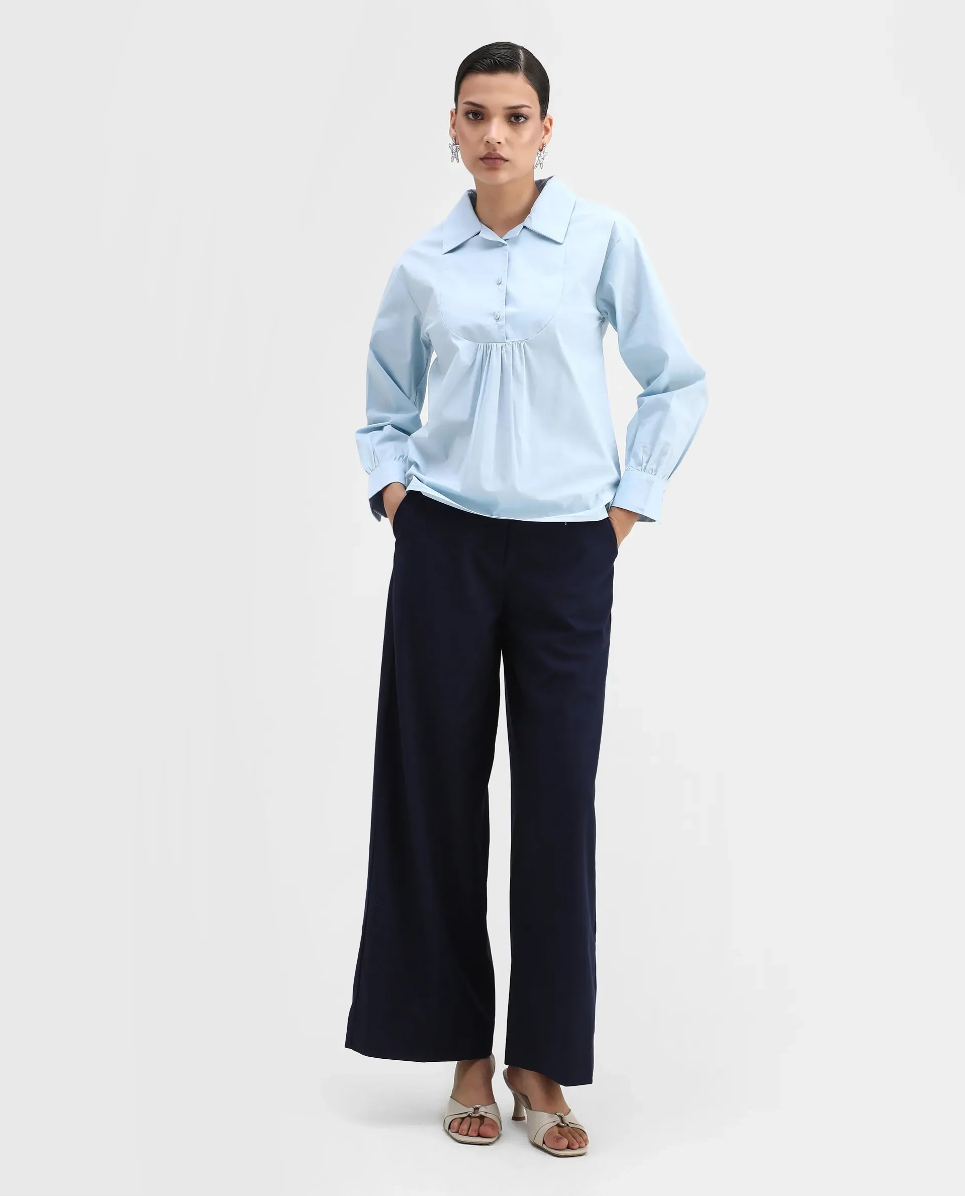 Rareism Women's Yit Light Blue Cotton Blend Drop Collar Plain Bishop Sleeve Relaxed Fit Top