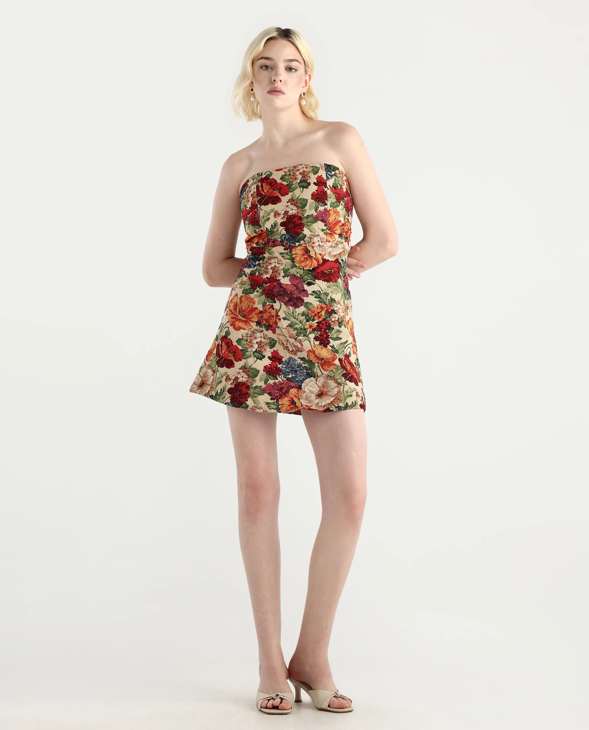Rareism Women's Yolor - Multi Polyester Blend Tube Neck Jacquard Sleeveless Mini Fit And Flare Dress
