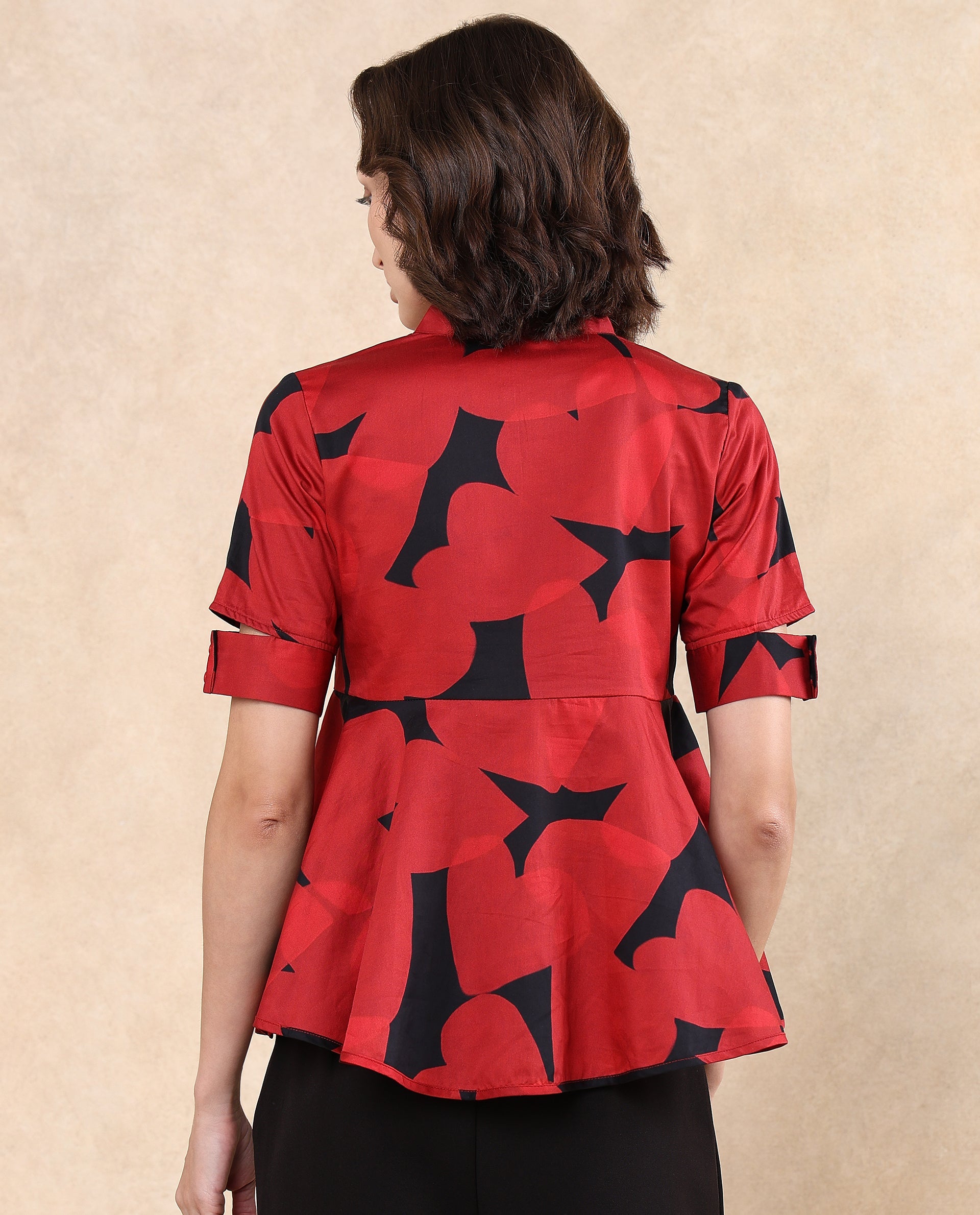 Rareism Women Yoplopi Black Cotton Satin Fabric Cutout Sleeve Lapel Neck A-Line Fit Abstract Print Top