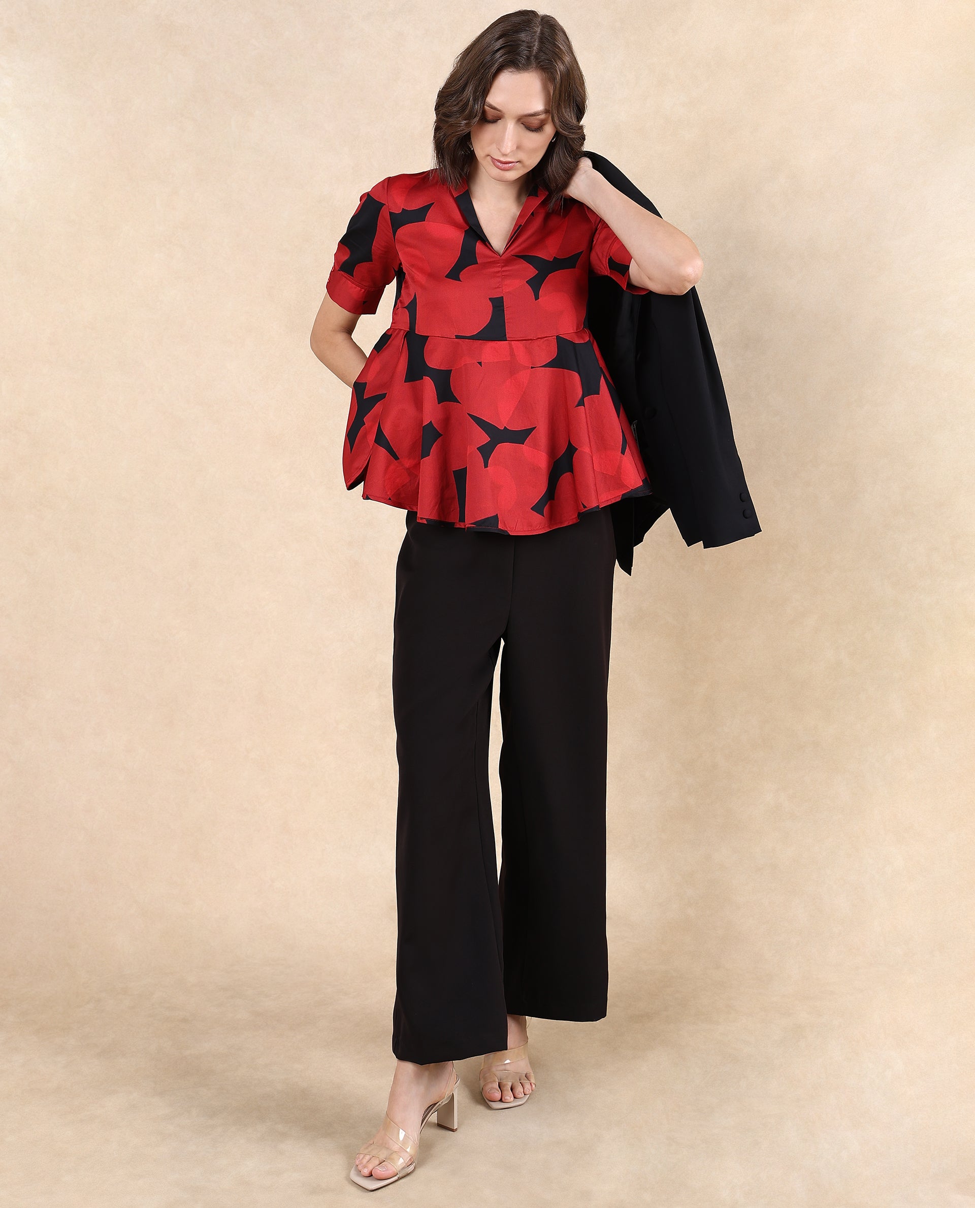 Rareism Women Yoplopi Black Cotton Satin Fabric Cutout Sleeve Lapel Neck A-Line Fit Abstract Print Top