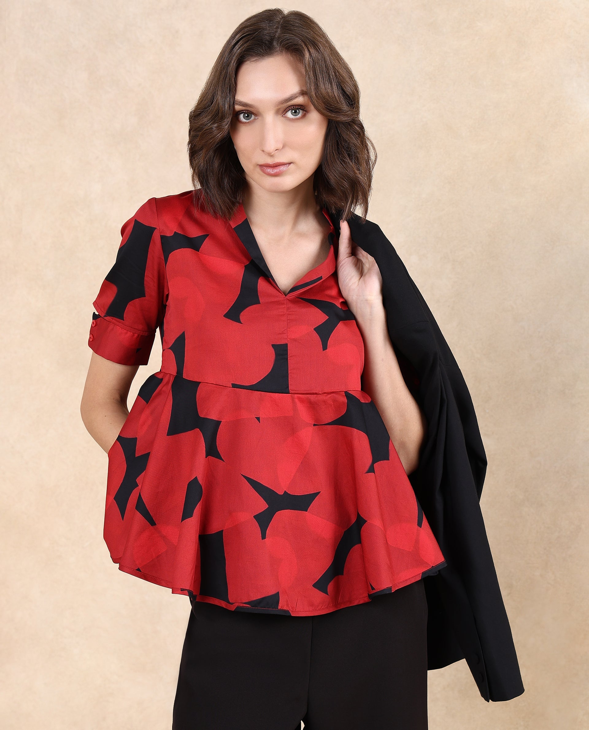 Rareism Women Yoplopi Black Cotton Satin Fabric Cutout Sleeve Lapel Neck A-Line Fit Abstract Print Top