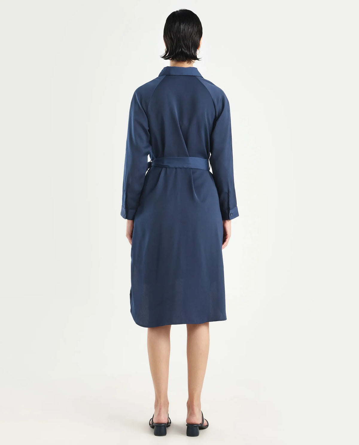 Rareism Women's Yulu Navy Satin Drop Collar Plain Cuffed Sleeve Midi Straight Fit Dress