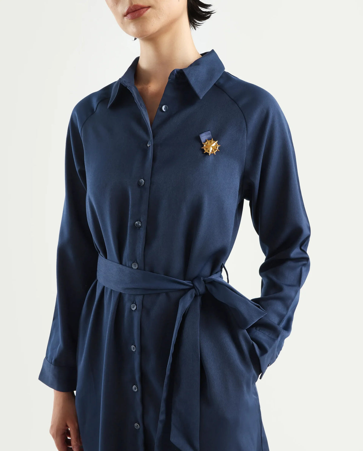 Rareism Women's Yulu Navy Satin Drop Collar Plain Cuffed Sleeve Midi Straight Fit Dress