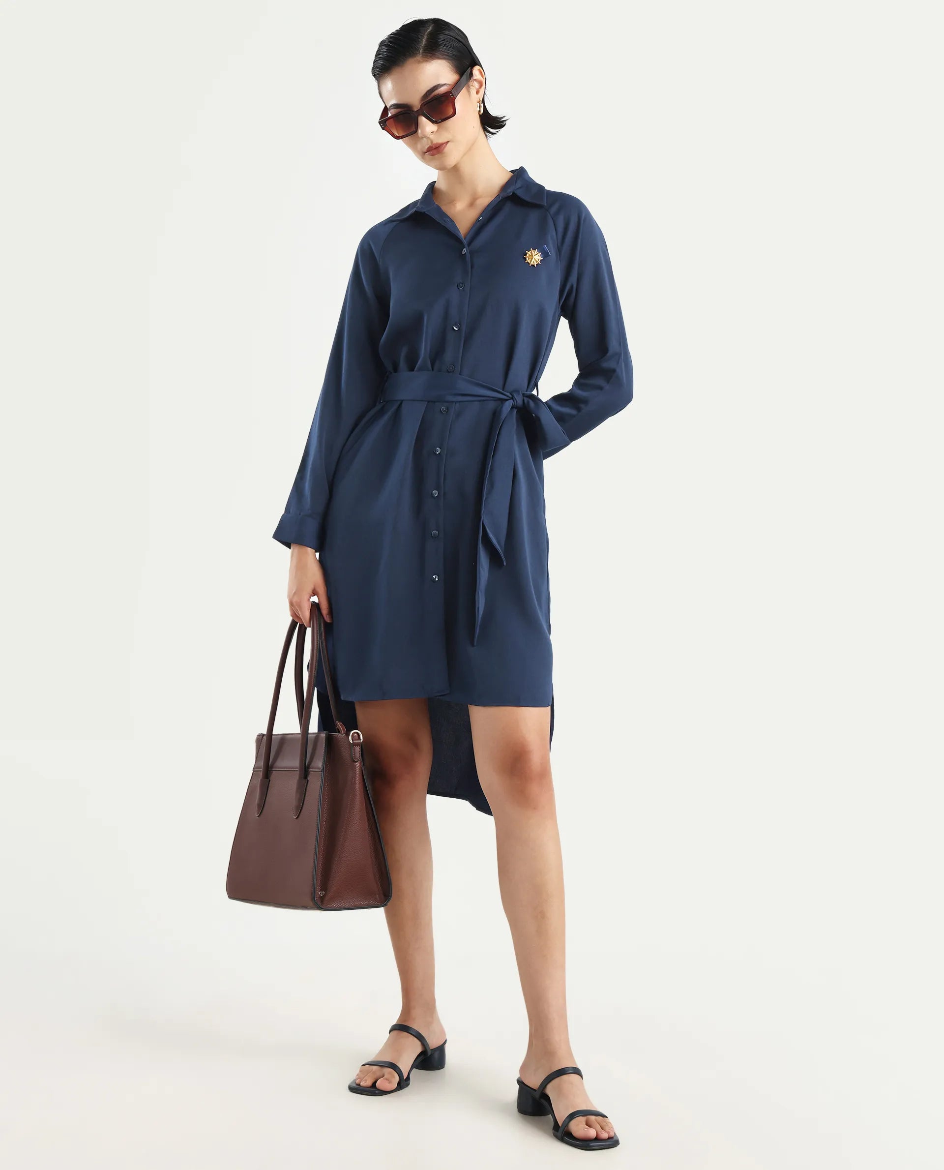 Rareism Women's Yulu Navy Satin Drop Collar Plain Cuffed Sleeve Midi Straight Fit Dress