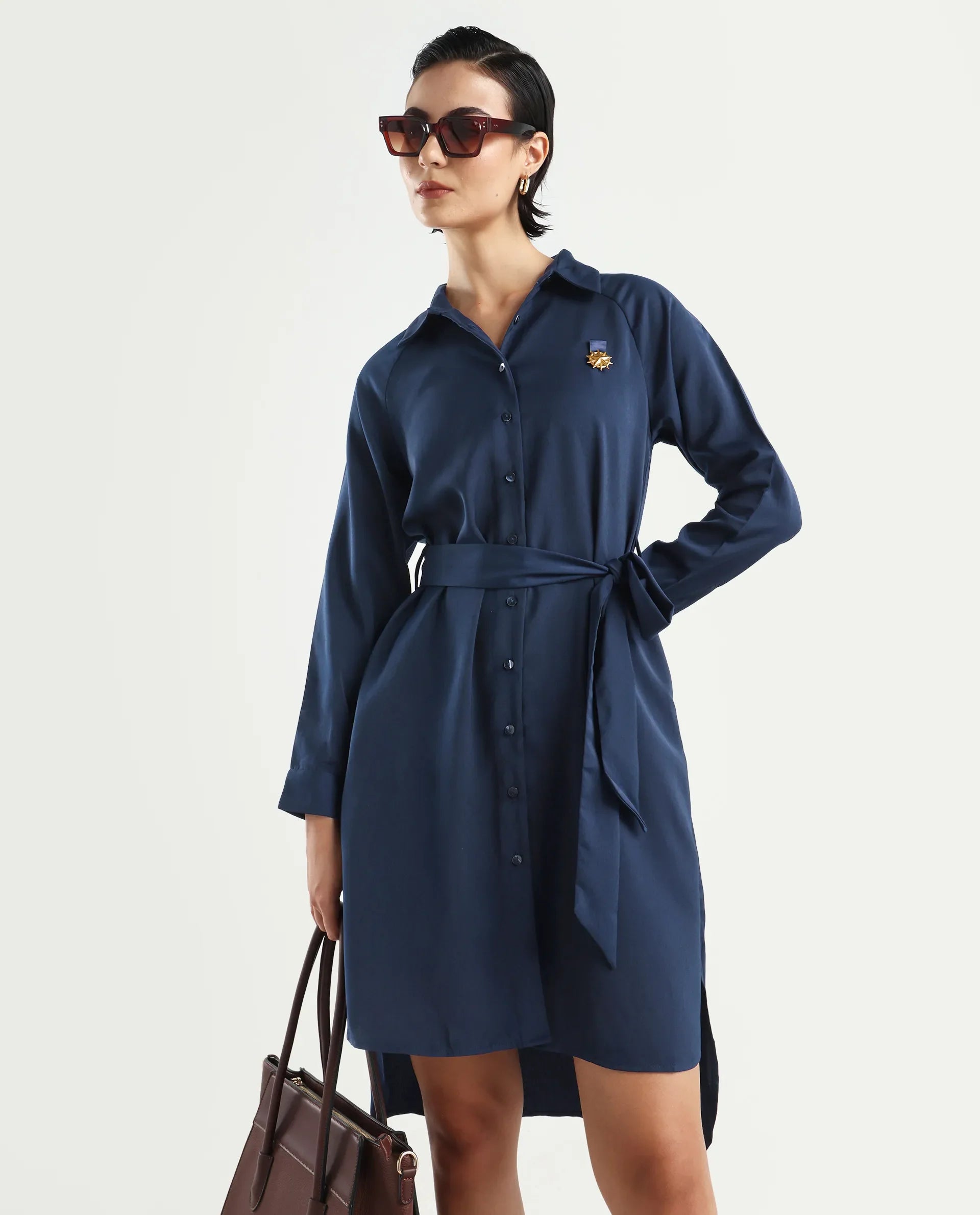 Rareism Women's Yulu Navy Satin Drop Collar Plain Cuffed Sleeve Midi Straight Fit Dress