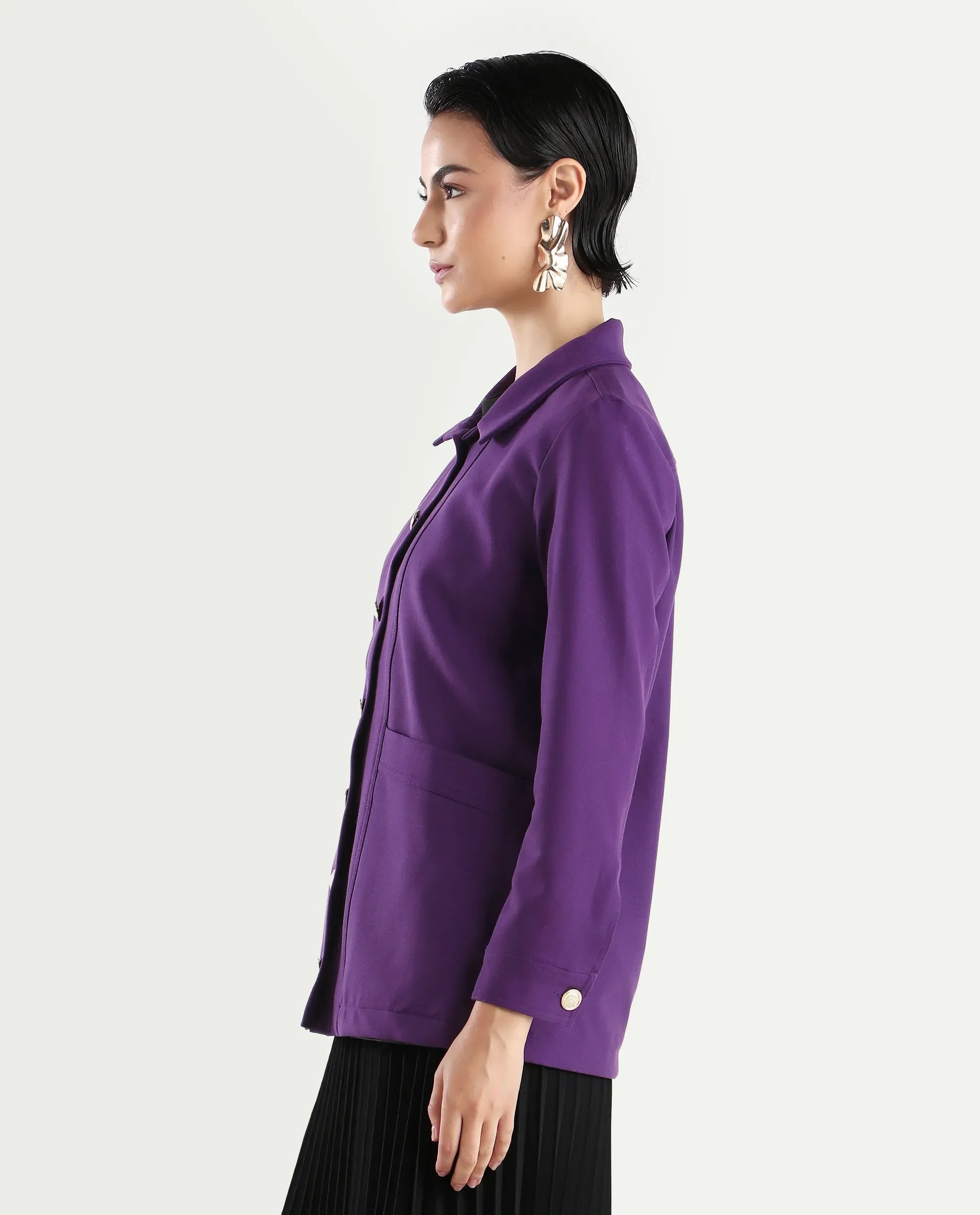 Rareism Women's Yeppon Purple Spread Collar Plain Cuffed Sleeve Hip Length Boxy Fit Jacket