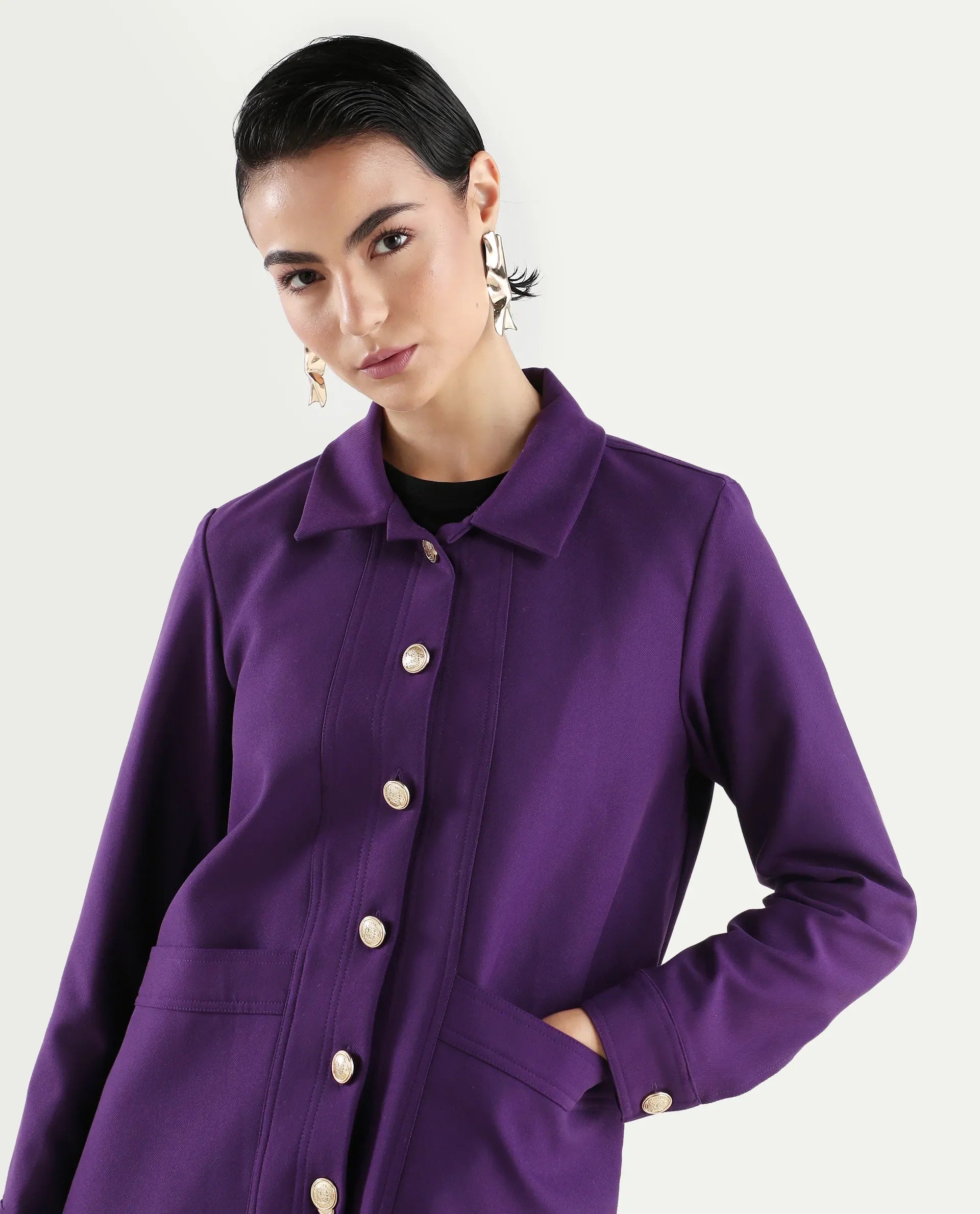 Rareism Women's Yeppon Purple Spread Collar Plain Cuffed Sleeve Hip Length Boxy Fit Jacket